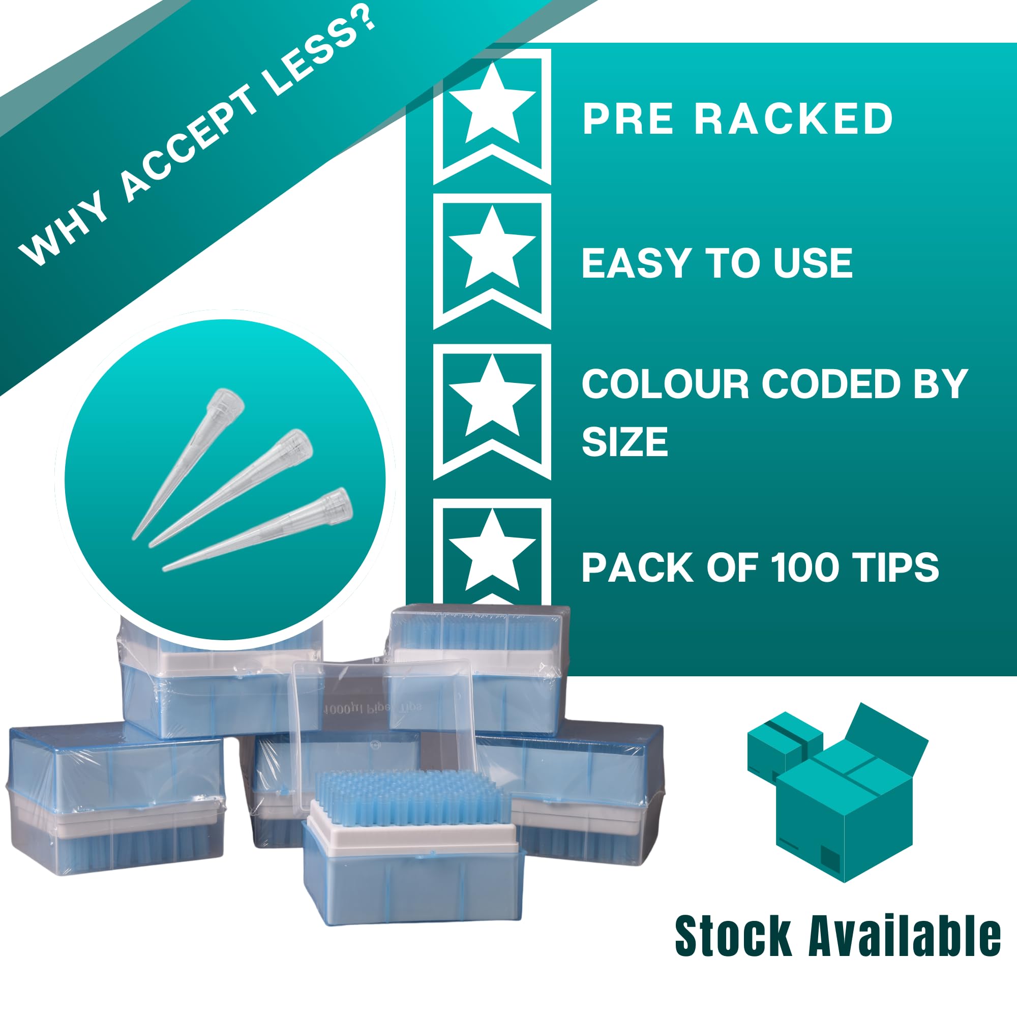 Labsales Precision 1000UL Puntas de pipeta estériles sin filtro de 1 ml con tecnología Universal Pro-Seal. Soporte preestablecido de 100 puntas para laboratorios y química