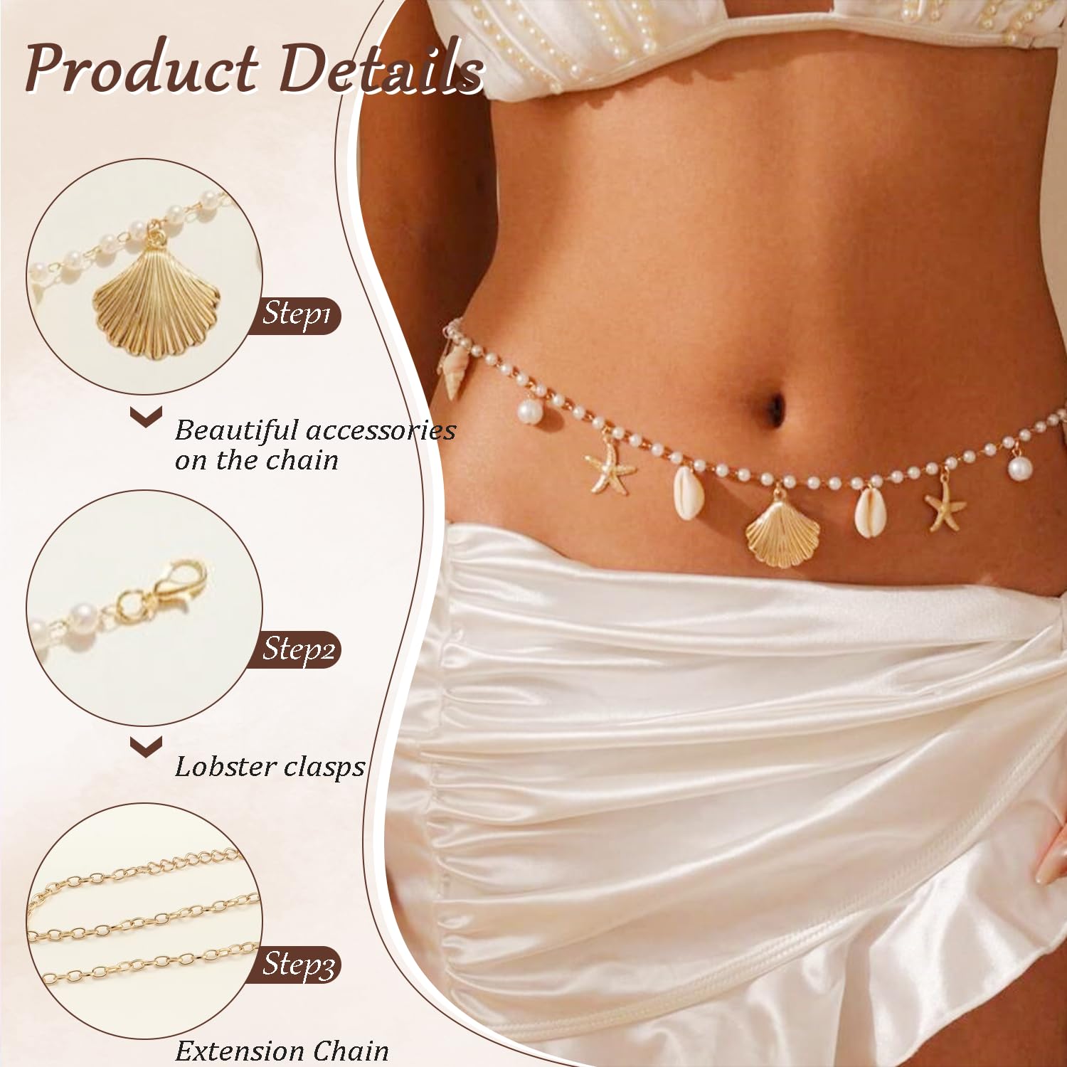 TecoKart® Waist Chain for Women with Shell & Starfish Charms – Sexy Belly Chain for Saree, Bikini, Crop Tops, Beachwear & Festival Outfits – Adjustable Body Chain in Gold 2