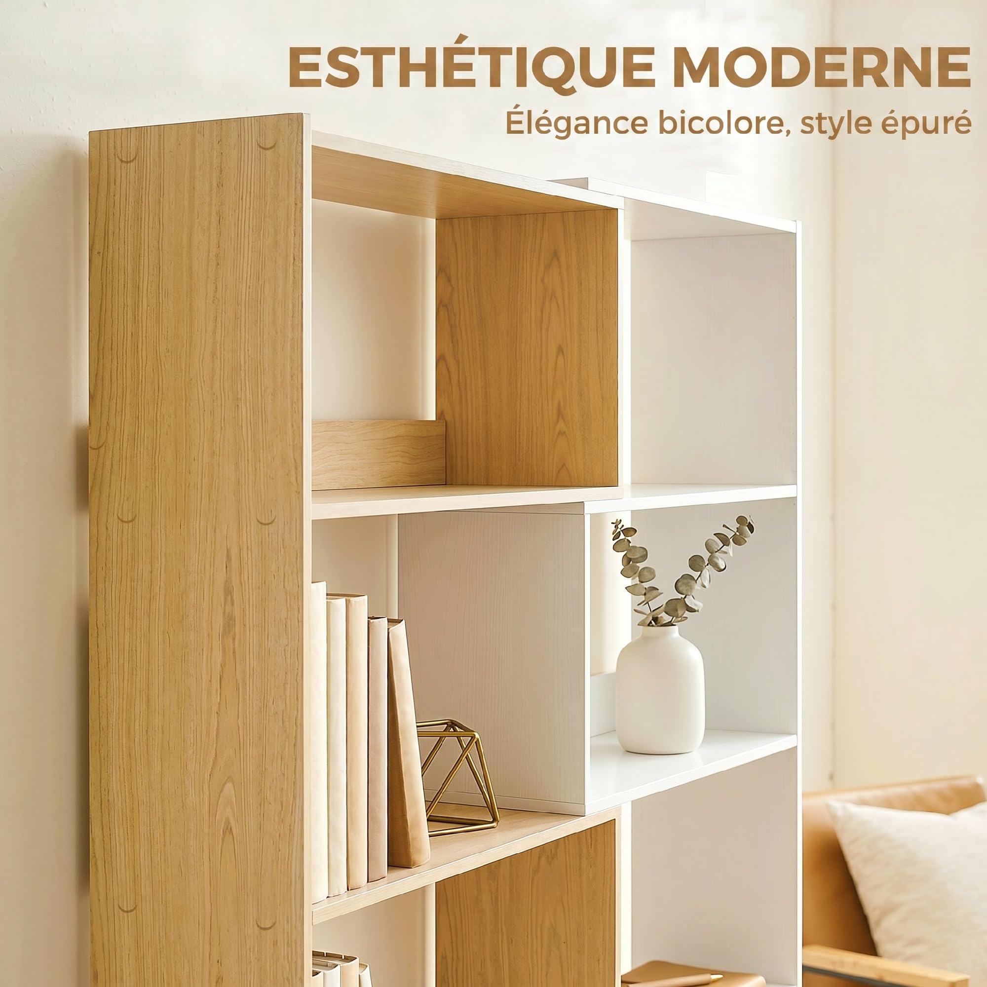 HOMCOM Bibliothèque d'angle rotative 350° à 5 Niveaux, étagère de Rangement Extensible en Forme L, 60-111x24x164cm, Style Moderne, Meuble de Rangement pour Salon, Bureau, Petit Espace, chêne et Blanc