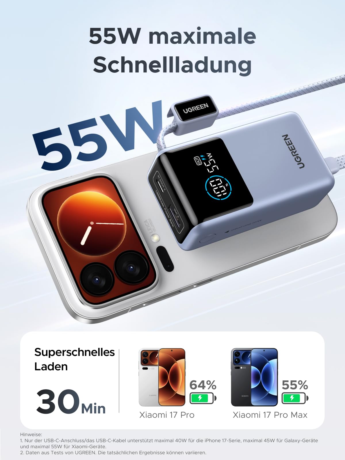 UGREEN 55W Power Bank 10000mAh mit integriertem Kabel, Mi Turbo Charge für Xiaomi, 45W PD Schnellladung Kompatibel mit iPhone 17/16/15, Blau