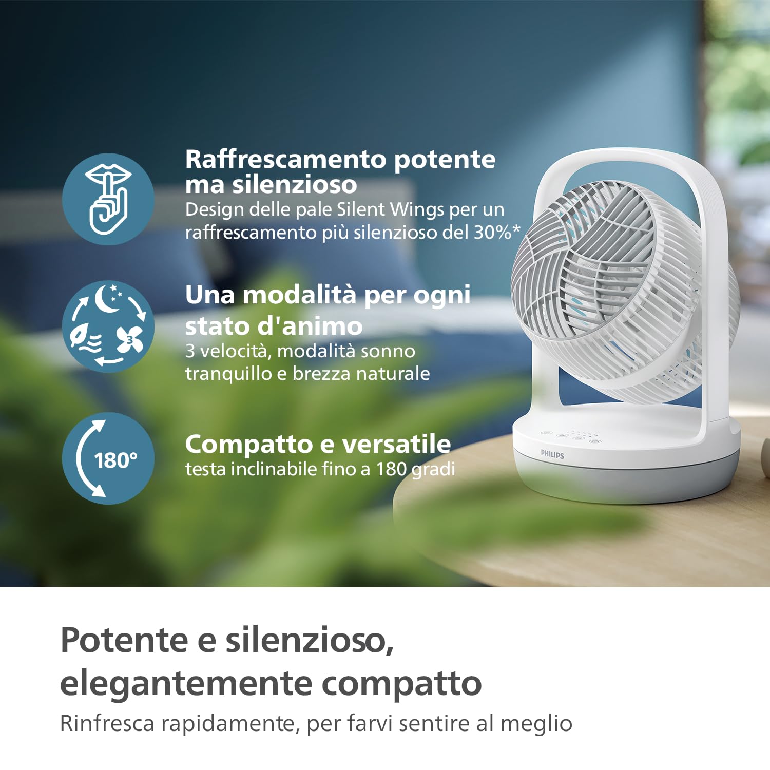 Philips Ventilatore da tavolo Serie 2000. Potente e ultra-silenzioso. 23 dB. Circolatore d'aria. Inclinazione regolabile di 180°.Timer 12 ore.CX2050, bianco. (Ricondizionato)