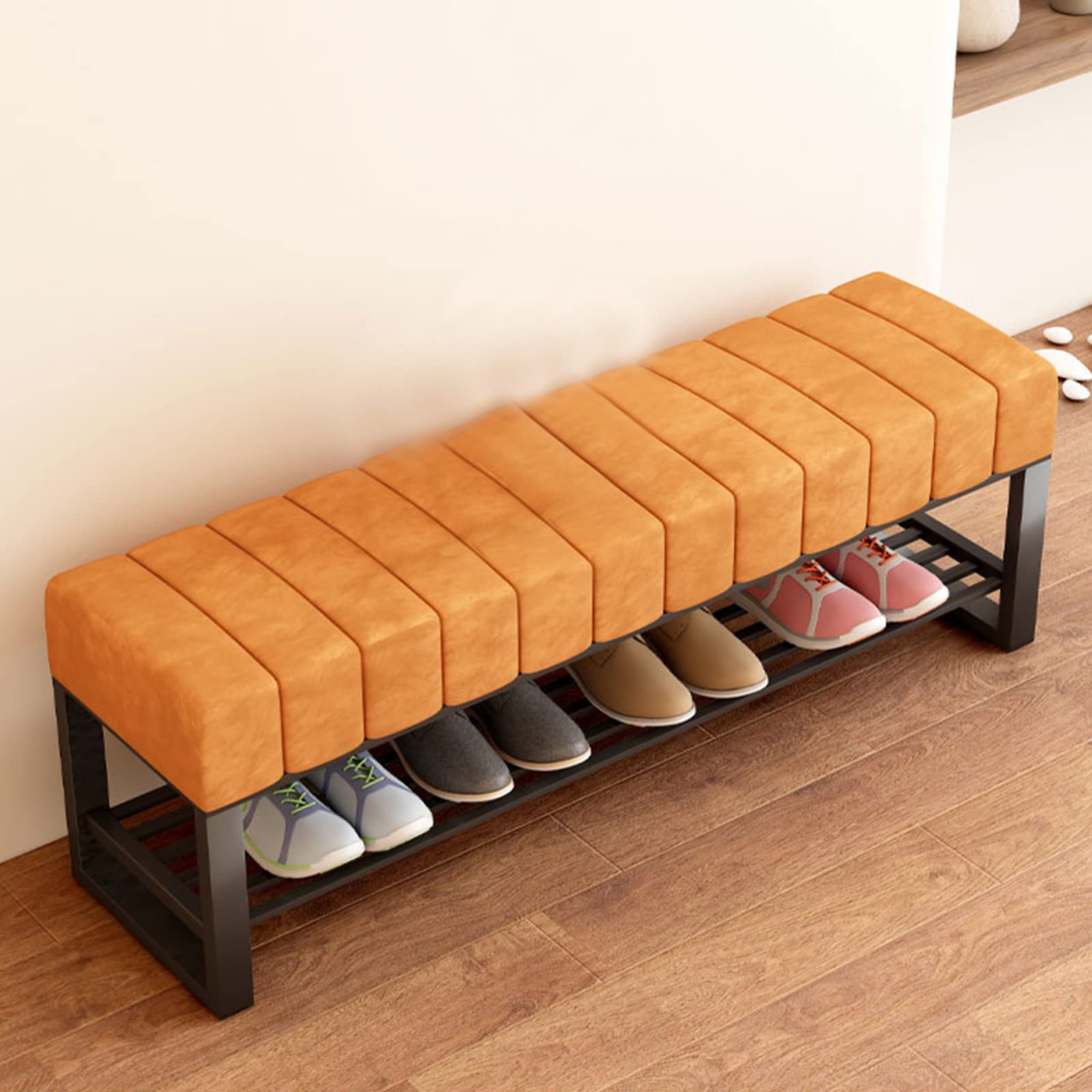 GDMDPTE Stylish ge Entryway Shoe Rack with Velvet Cushion 2 Tier Storage Bench Large Capacity Metal nizer for Bedroom & Hallway (80x32x45cm)