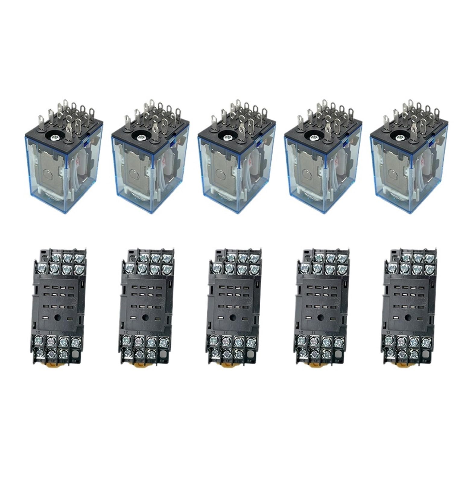 10 juegos de relé + base 12V 24V 110V 220V bobina 5A 4NO 4NC indicador LED verde relé de potencia DIN Rail relé de 14 pines con base de enchufe(AC,12V)