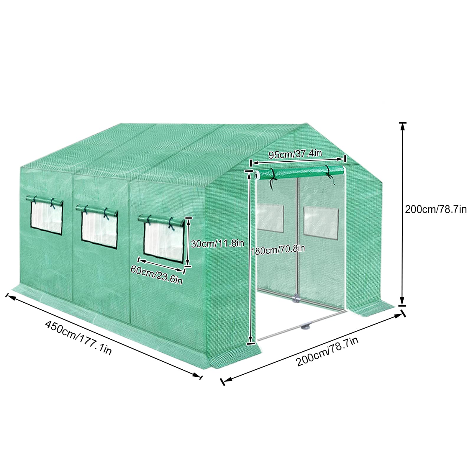 NAIZY Greenhouse szklarnia 4,5 x 2 x 2 m, 9㎡, szklarnia foliowa HDPE + LDPE + ocynkowana rura, z oknem, szklarnia na pomidory, odporna na działanie promieni UV, namiot foliowy do ogrodu, na rośliny, zielona