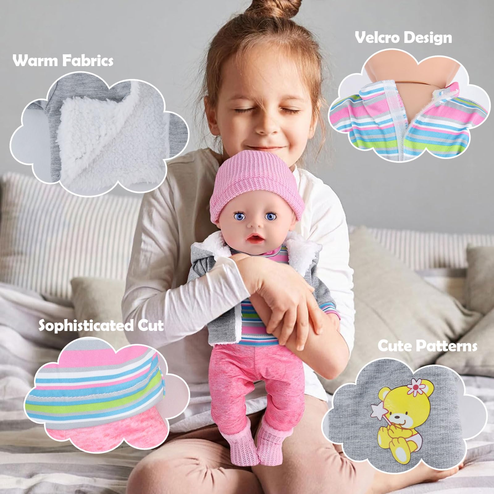 Lot Vêtements Poupée 35-43 Cm – Veste Grise + Pull Rayé + Bonnet + Chaussettes