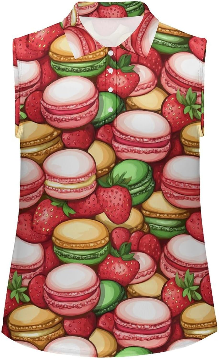 Colorful Macarons Cake And Various Fruits Womens Golf Shirts Print Polo Shirt Sleeveless Tank Top Casual Work Blouses