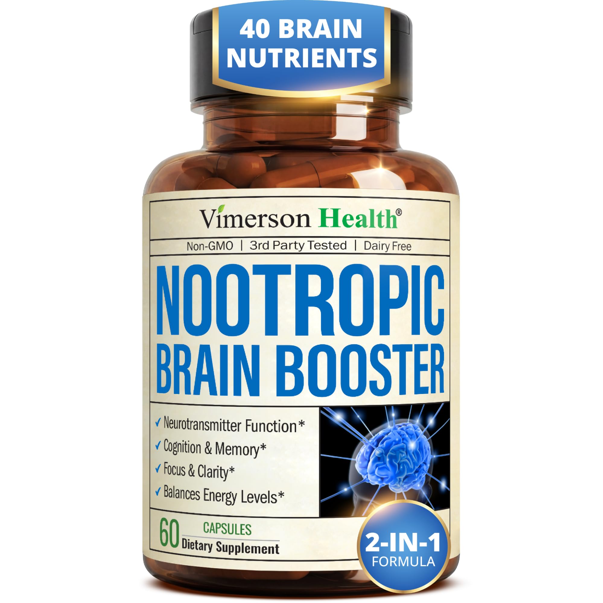 Brain Supplements for Memory and Focus - Nootropic Vitamins & Minerals 60ct