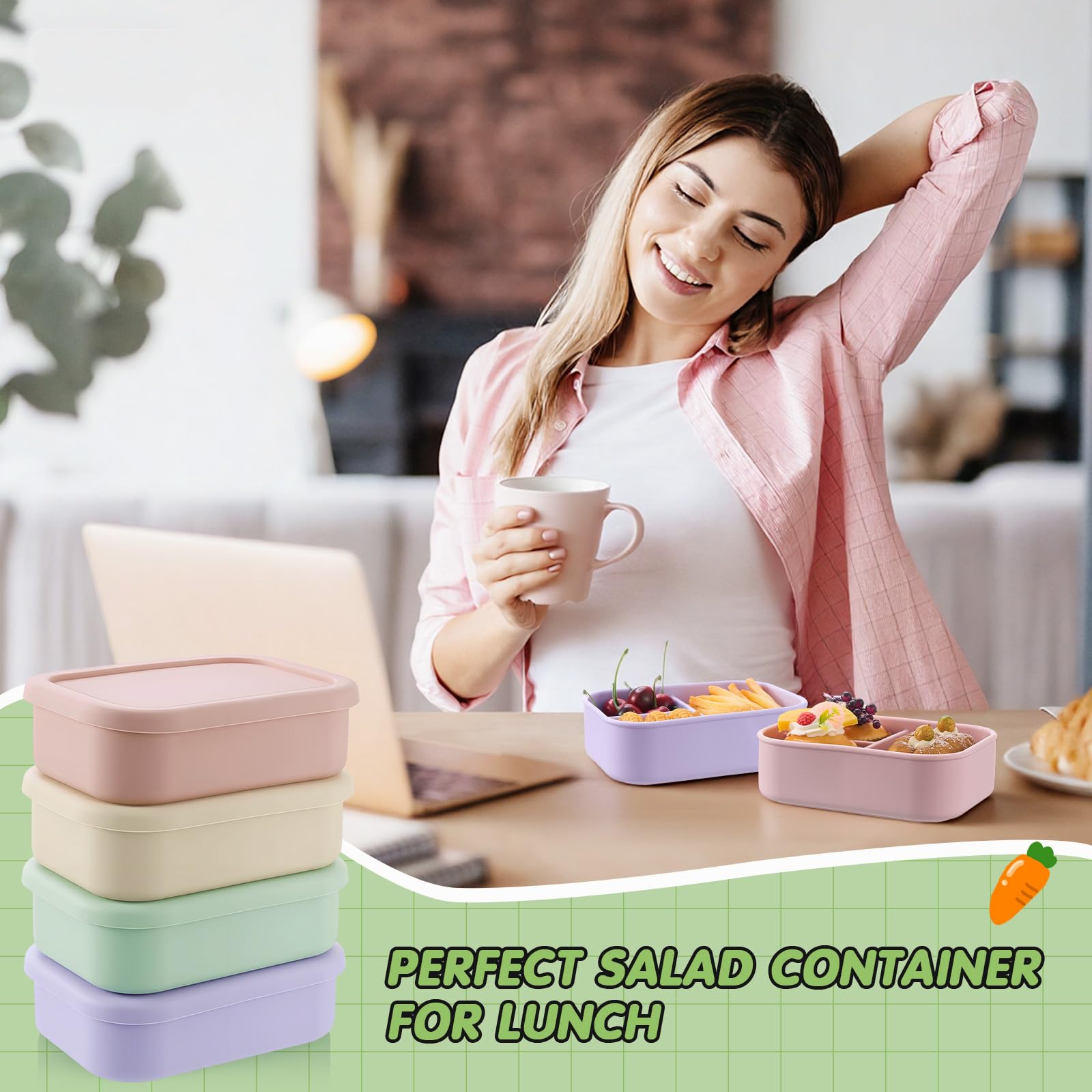 Boîte à bento en silicone – Récipient à déjeuner réutilisable, 2 compartiments, passe au micro-ondes, au lave-vaisselle, au congélateur – Parfait pour les adultes, préparation des repas respectueuse