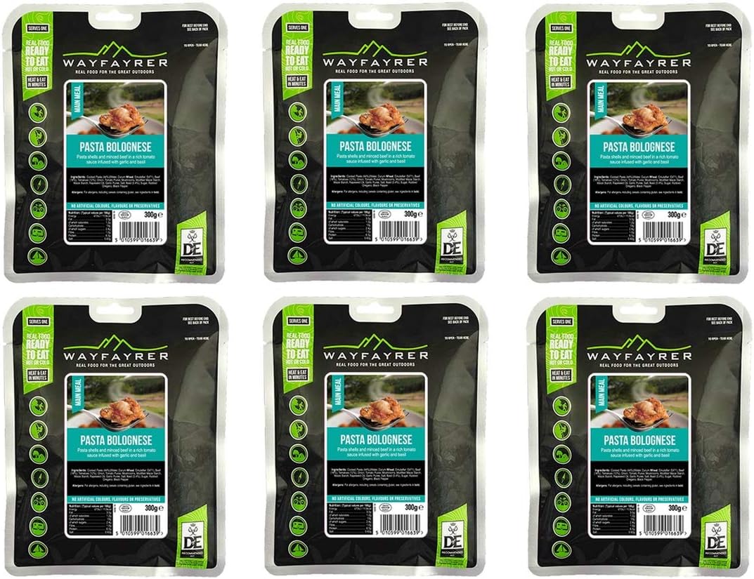 Pack of 6 x Wayfayrer Food - Ready to Eat Camping and Expedition Rations - Eat Hot or Cold (Pasta Bolognese)