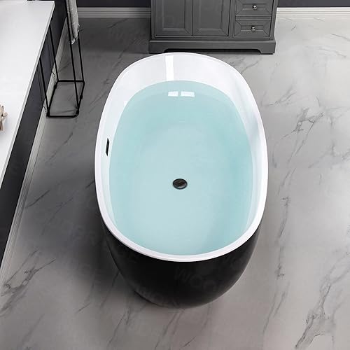 Miniatura 4 de WOODBRIDGE Bañera de acrílico independiente de 59 pulgadas, bañera negra de remojo contemporáneo con desbordamiento y drenaje negro mate, BTA1818-MB