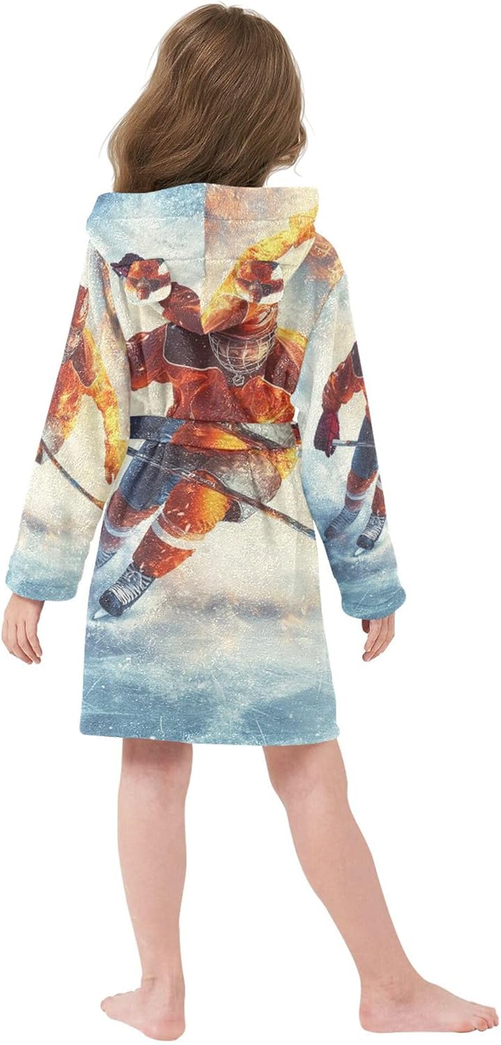 Ice Hockey Player Sports Bathrobe Hooded PJ Robe Soft Fleece Robe Pajama Sleepwears 2-12 Years