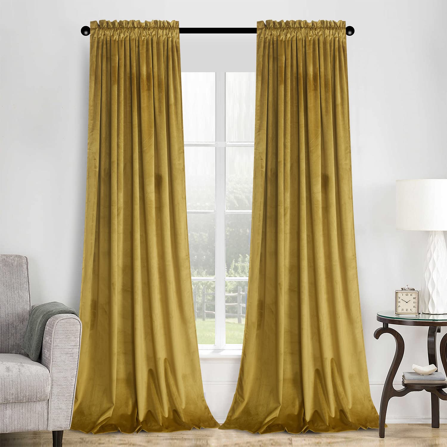 Roslynwood Gold Brown Velvet Curtains for Bedroom, Black Room Darkening Thermal Insulated Window Curtain Drapes for Living Room/Office/Apartment/Bathroom, W52 x L96, 2 Panels/Rod Pocket