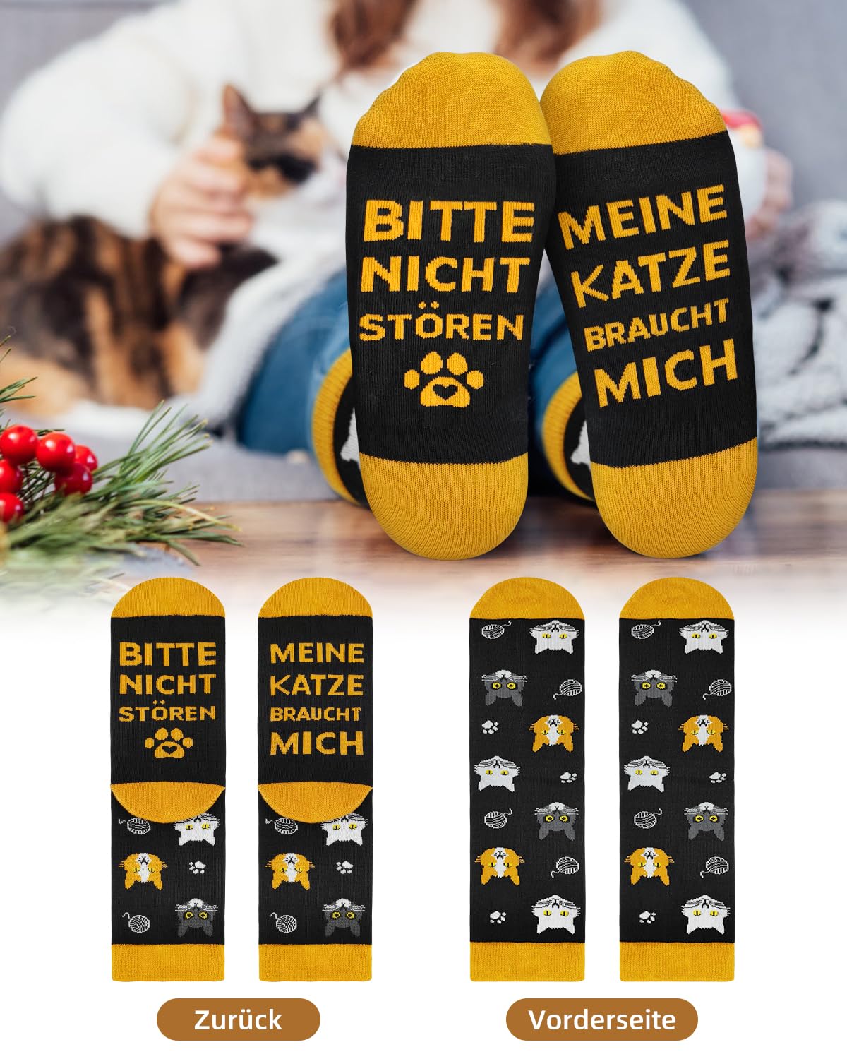 Skarpety z zabawnym motywem kota, zabawne skarpety z napisem "Bitte nicht Stören - Meine Katze braucht Mich", pomysł na prezent urodzinowy dla miłośników kotów kobiet i mężczyzn