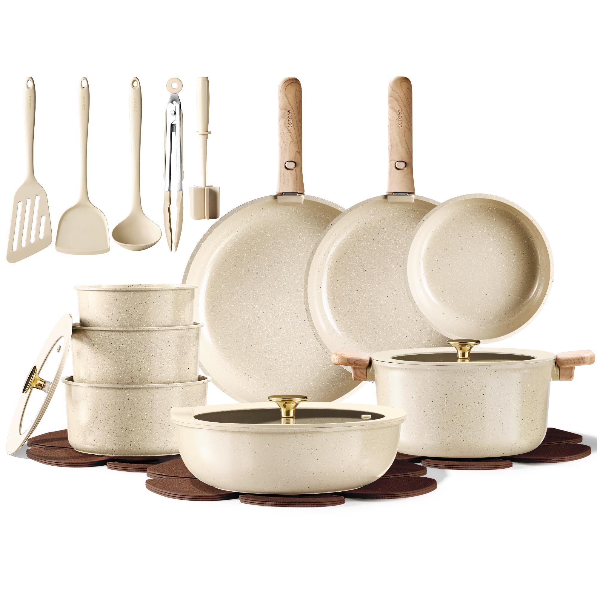 Foto de CAROTE Juego de 25 utensilios de cocina de cerámica, juego de ollas y sartenes antiadherentes, juego de cocina de RV con asas extraíbles, apto para horno, utensilios de inducción, juego de cocina no (imagen 1)