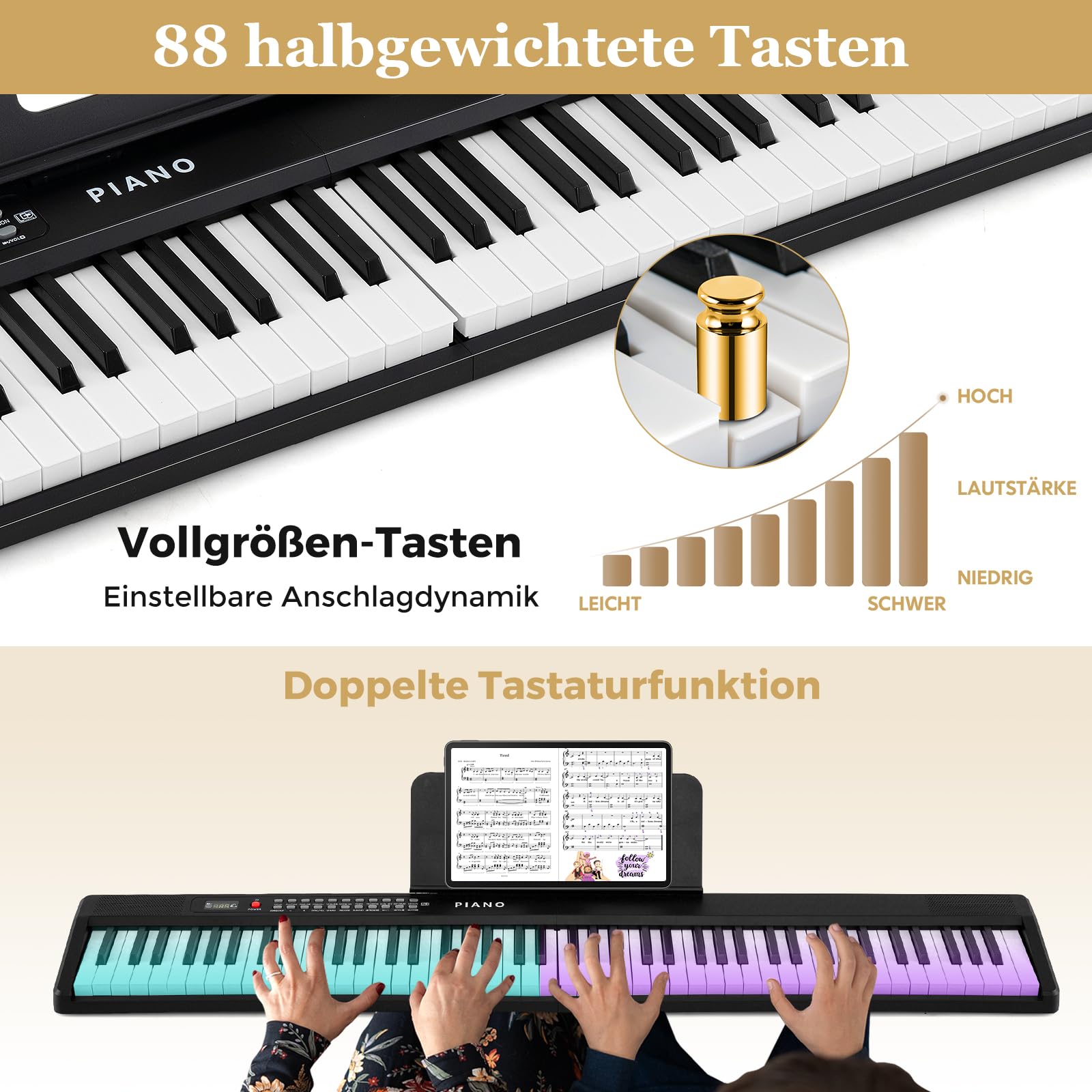DREAMADE Keyboard Piano 88 Tasten, E Piano faltbares Klavier, mit 1000 Sounds, 1000 Rhythmen, 150 Demo-Songs & MIDI, tragbares Digitalpiano mit Mikrofon & Pedal für Anfänger