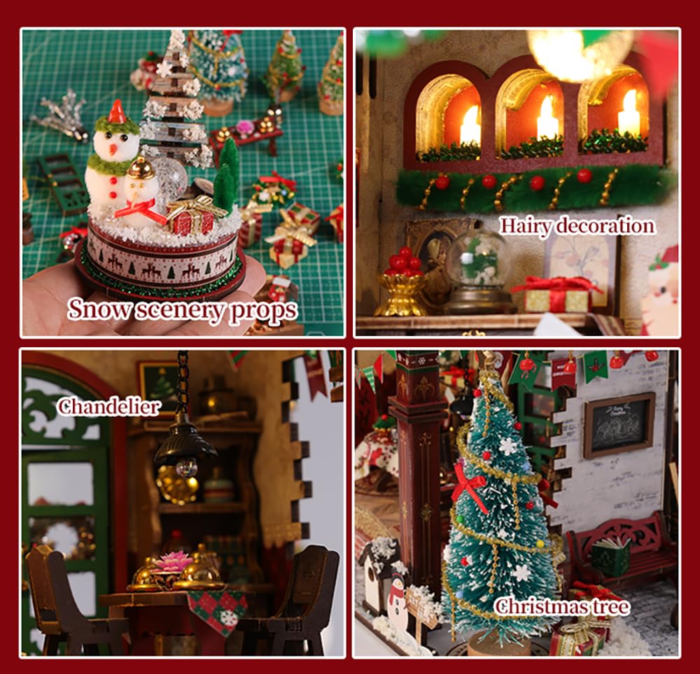 Kit fai da te per casa in miniatura, kit natalizio in legno per casa delle bambole con luci a LED e carillon, kit di costruzione 3D per adulti, regalo natalizio per hobby