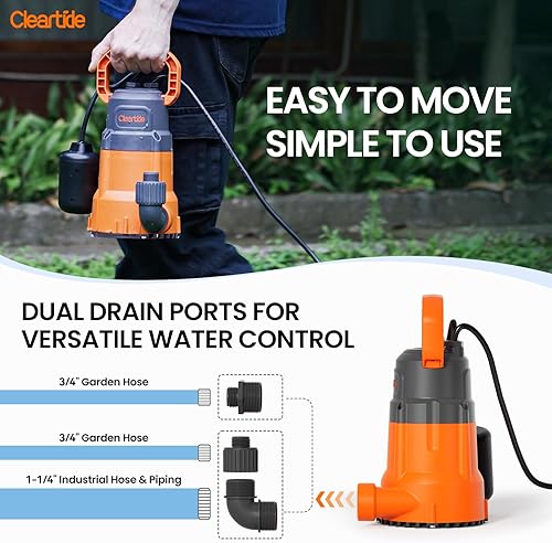 Miniatura 6 de Cleartide Bomba sumergible de sumidero con interruptor de flotador, bomba de agua de utilidad de 14 HP para drenaje de piscina, bañera de
