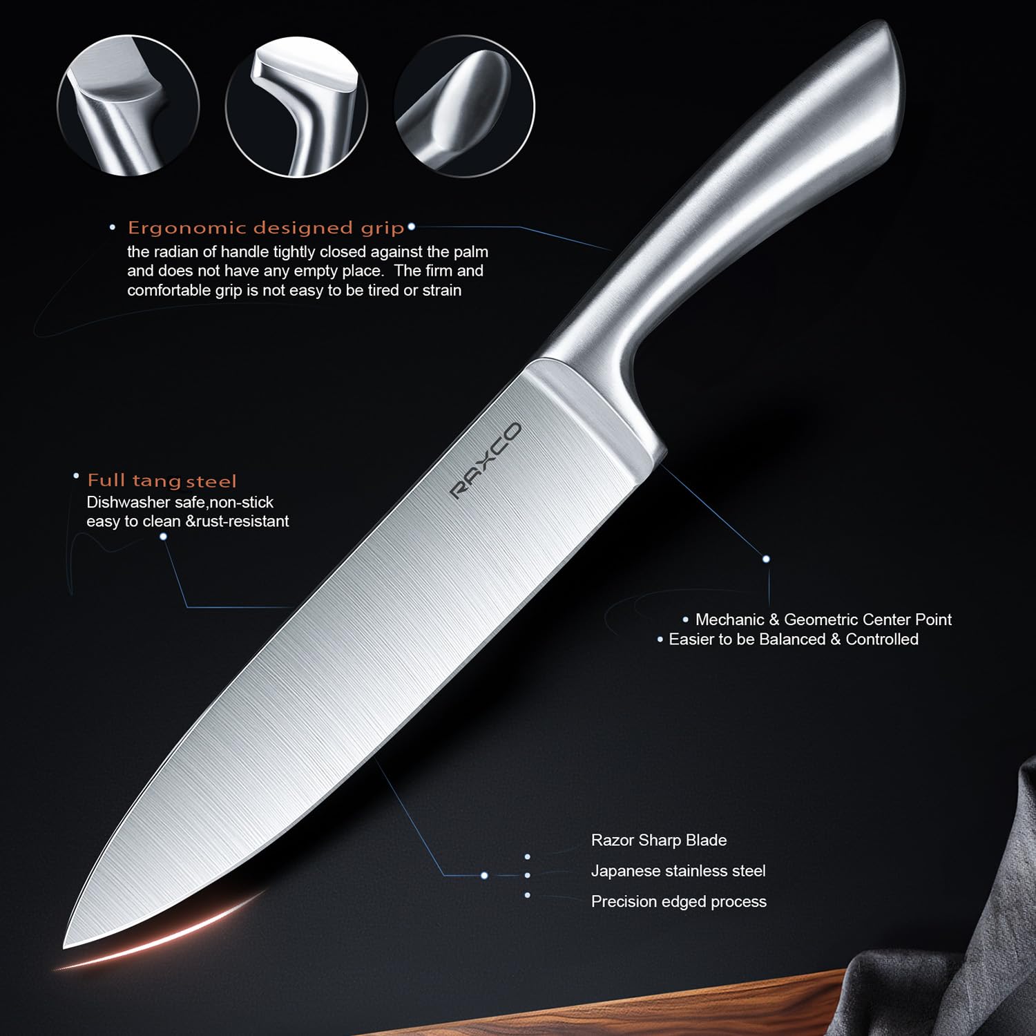 RAXCO Bloc à couteaux, Set de 18 couteaux de cuisine en acier inoxydable - Set de couteaux à steak, Sets de couteaux de cuisine professionnels avec bloc et aiguiseur (Oak)