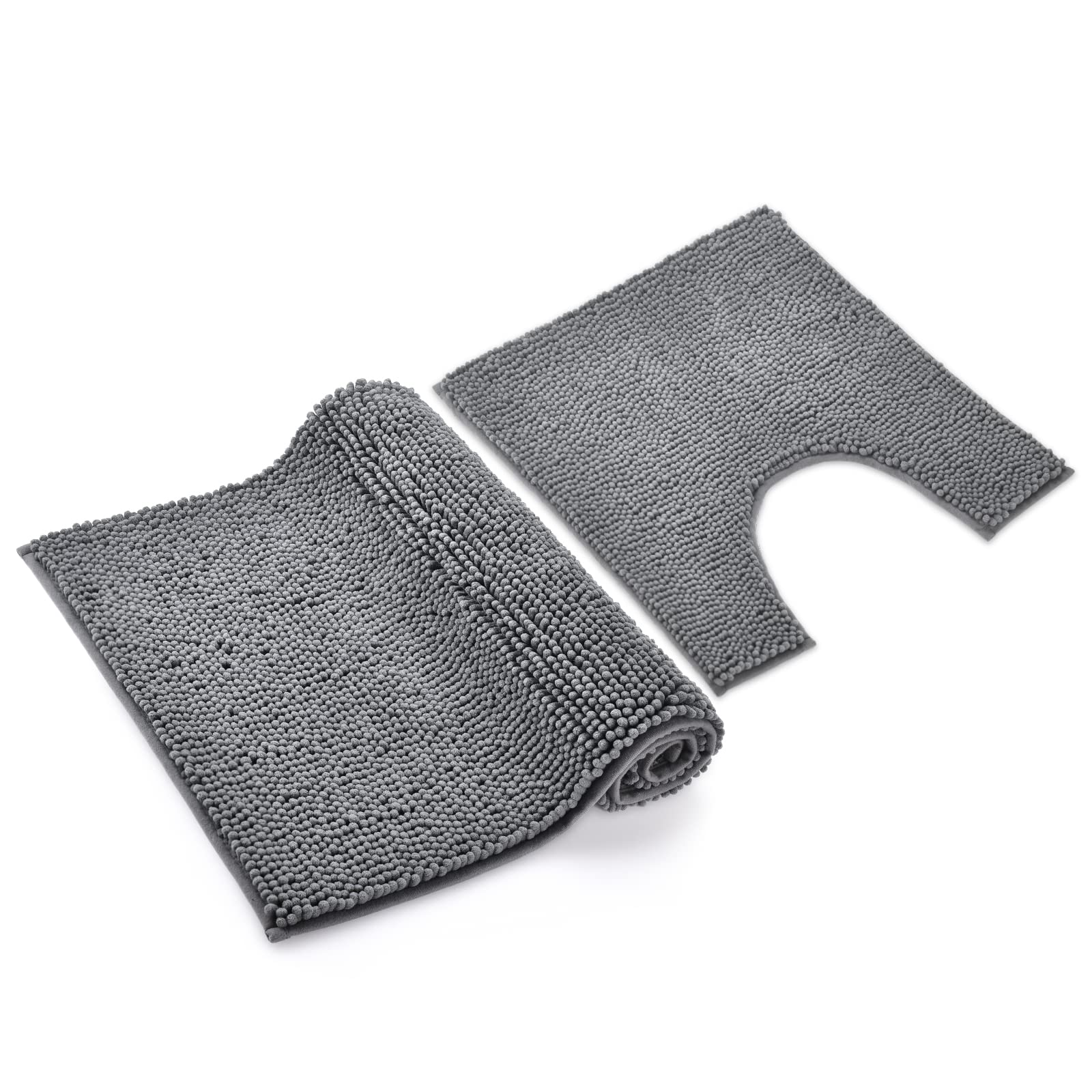 Homcomodar Bath Mat Set of 2 Chenille Washable Bath Mat Set with U-Shaped Toilet Bath Mat for Bathroom (Dark Grey) (Grey)