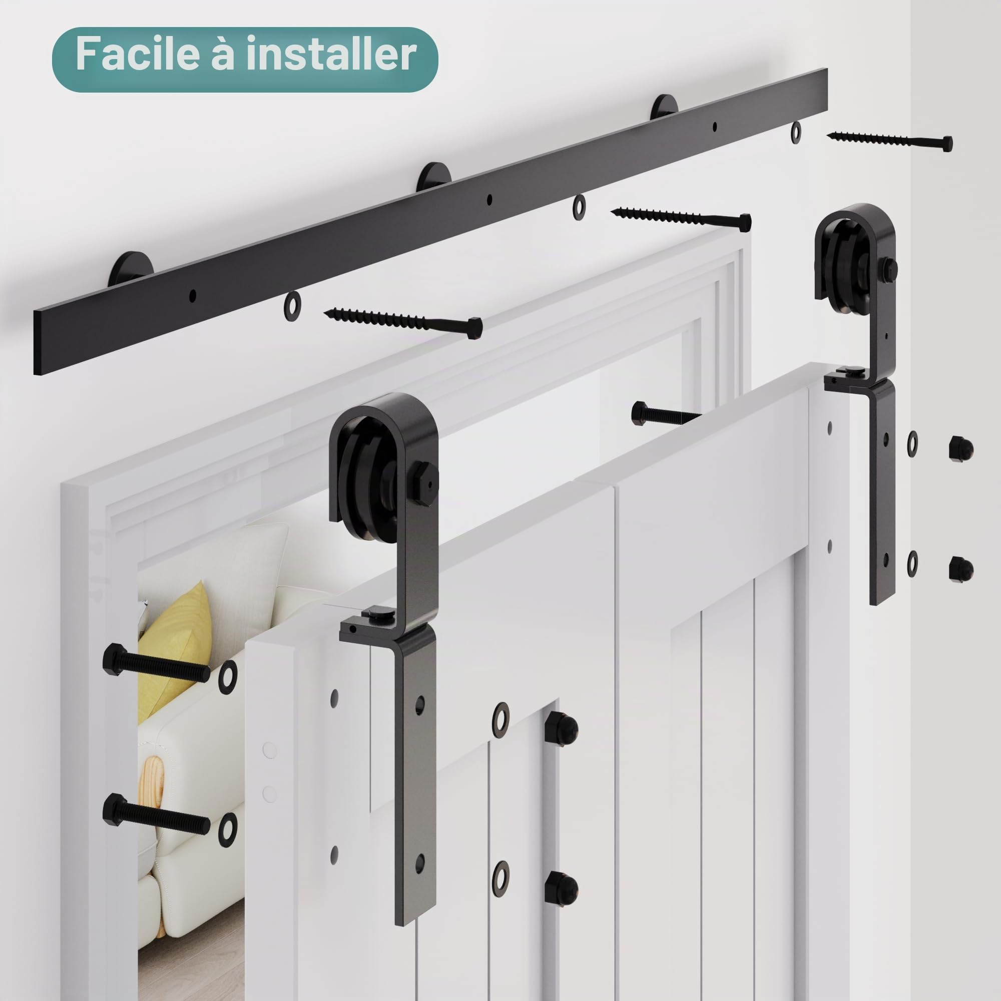 WINSOON Kit de quincaillerie pour porte coulissante pliante | Pour Porte Intérieure en bois rail plat en acier au carbone, installation facile, rouleau fluide et silencieux, sans porte