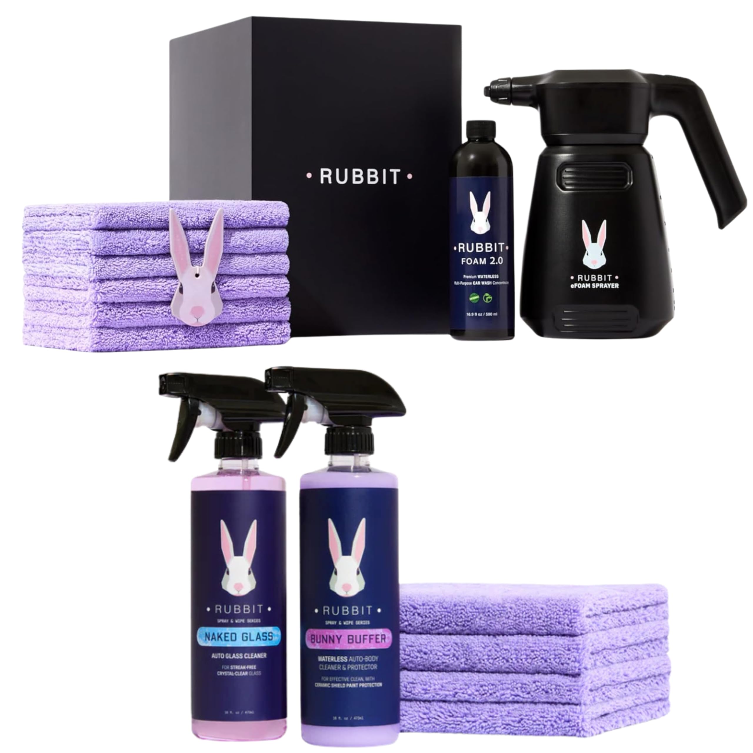 Rubbit Ultimate Waterless Car Wash Bundle – Electric Plus Kit with Rechargeable Foam Sprayer, Foam 2.0 Solution, Bunny Buffer Ceramic Protectant, Glass Cleaner & 10 Microfiber Towels – Complete No-Rin