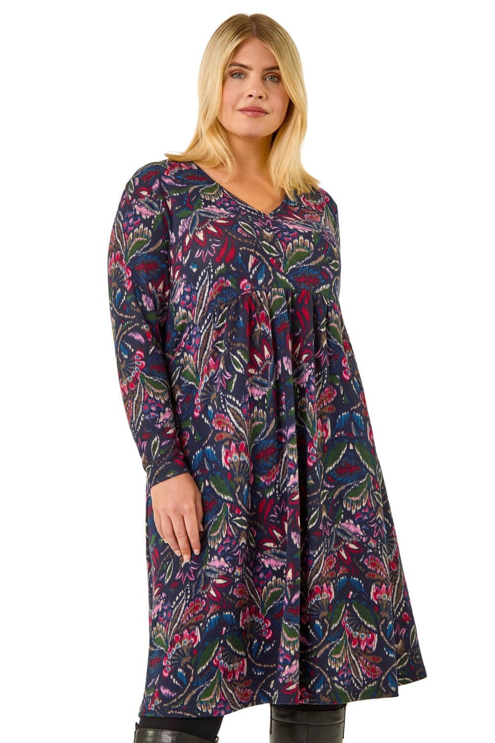 Roman Women's Navy Paisley Soft Stretch V-Neck Dress In | Size: 18
