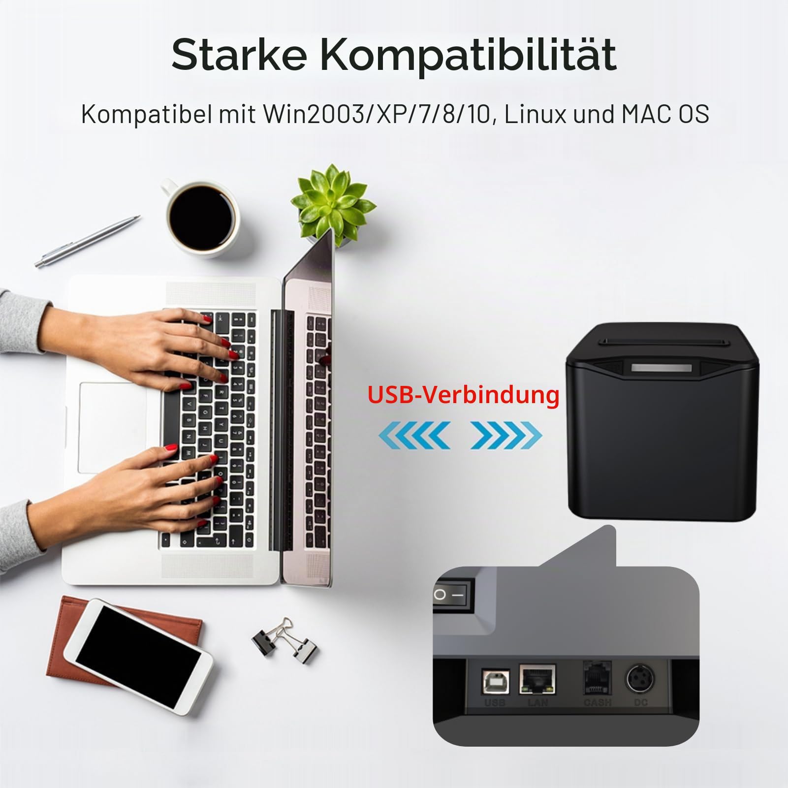 Bisofice Thermodrucker Bondrucker 80mm, Belegdrucker mit ESC/POS, Quittungsdrucker unterstützt Automatisches Schneiden (220 mm/s, USB + Ethernet-Anschluss)