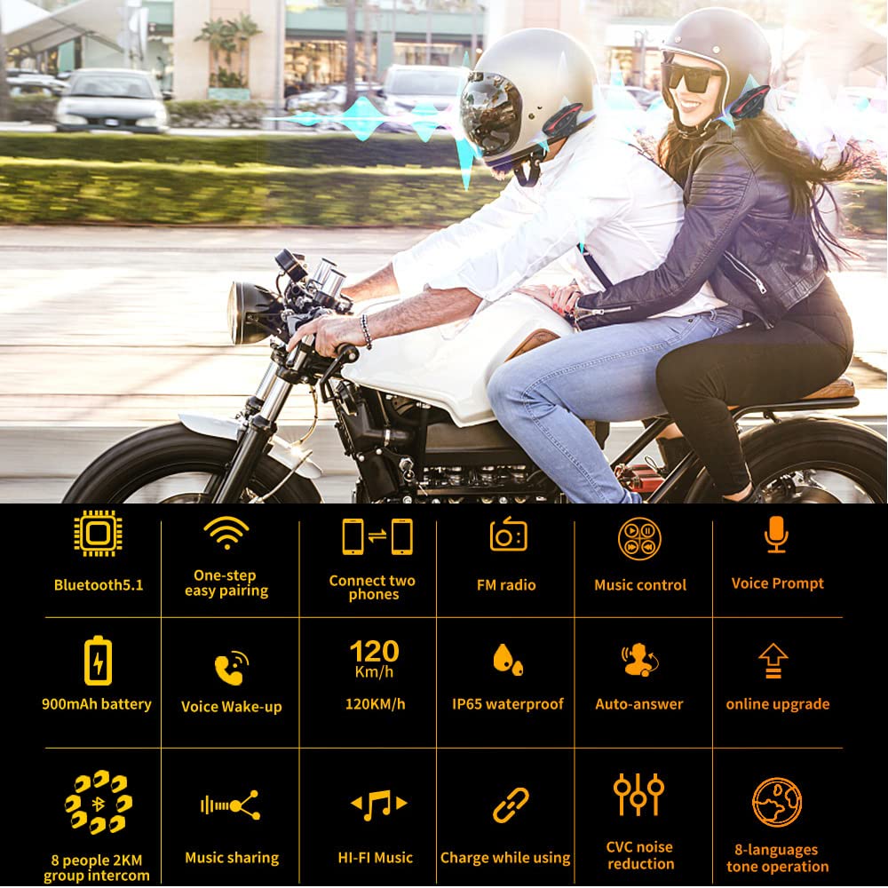 QSPORTPEAK Shark Motorrad Headset Intercom,Motorradhelm Kommunikationssystem for 6 Reiter /2000 Metern Reichweite/Musik Teilen/Multi-Länder-Tonauswahl,Einfaches Pairing in einem Schritt,Einzelpack