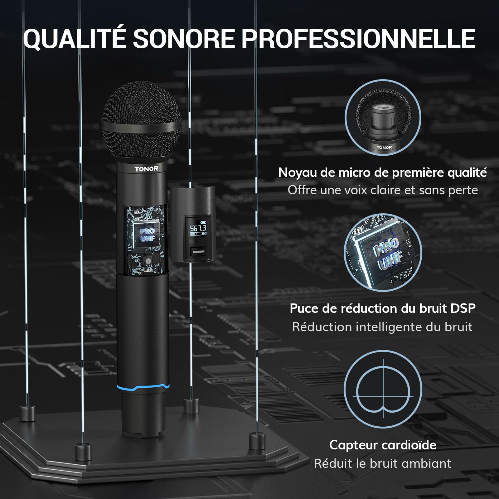 TONOR Micro sans Fil Professionnel, Système de Microphone Rechargeable Bluetooth, Micro Dynamique en Métal UHF 2x25 pour Karaoké, Eglise, Chant, Mariage, Réunion, Appairage Automatique, 100 M, TW720