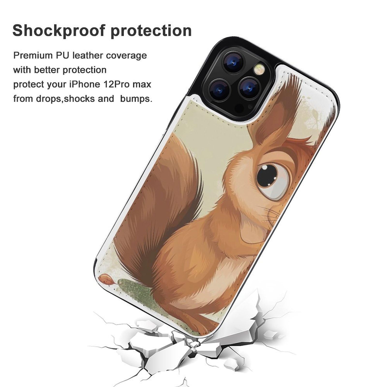 Fundas tipo cartera para iPhone 12 Pro Max, diseño de dibujos animados de ardilla con estampado artístico de ardilla, funda de piel con ranuras para tarjetas