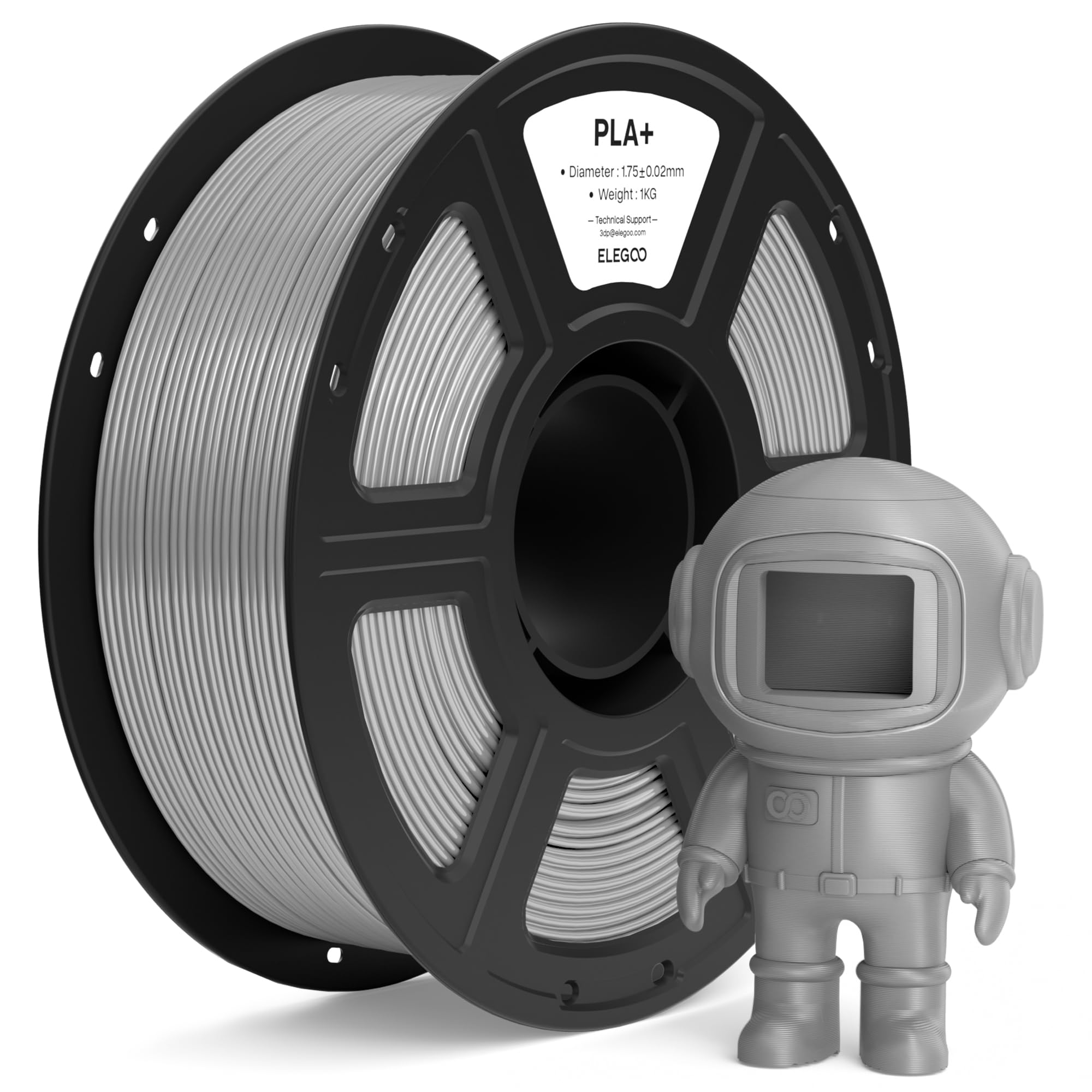 ELEGOO PLA+ Filamento 1,75mm Grigio 1KG, PLA Plus ad Alta Resistenza per Stampanti 3D, Precisione Dimensionale +/- 0,02mm, Bobina da 1kg (2,2lbs) Compatibile con la Maggior Parte delle Stampante 3D
