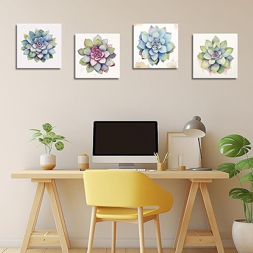 Miniatura 5 de LZIMU Lienzo decorativo para pared, 4 piezas, acuarela, verde, suculentas, impresiones de imágenes de plantas suculentas tropicales, botánicas,
