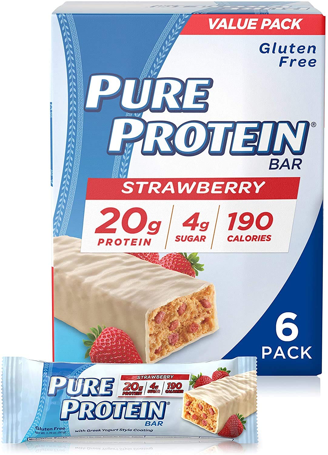 Pure Protein Bars, High Protein, Nutritious Snacks to Support Energy, Low Sugar, Gluten Free, Strawberry Greek Yogurt, 1.76oz 6 count (Pack of 3)