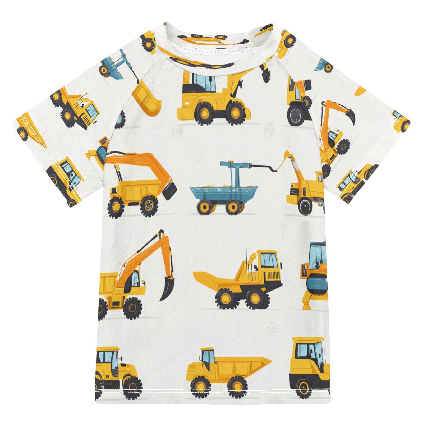 MNSRUU Toddler Boy Rash Guard Short Sleeve Swim Shirt Cartoon Construction Truck Print Rashguard 3T Beach Shirts Quick Dry,4