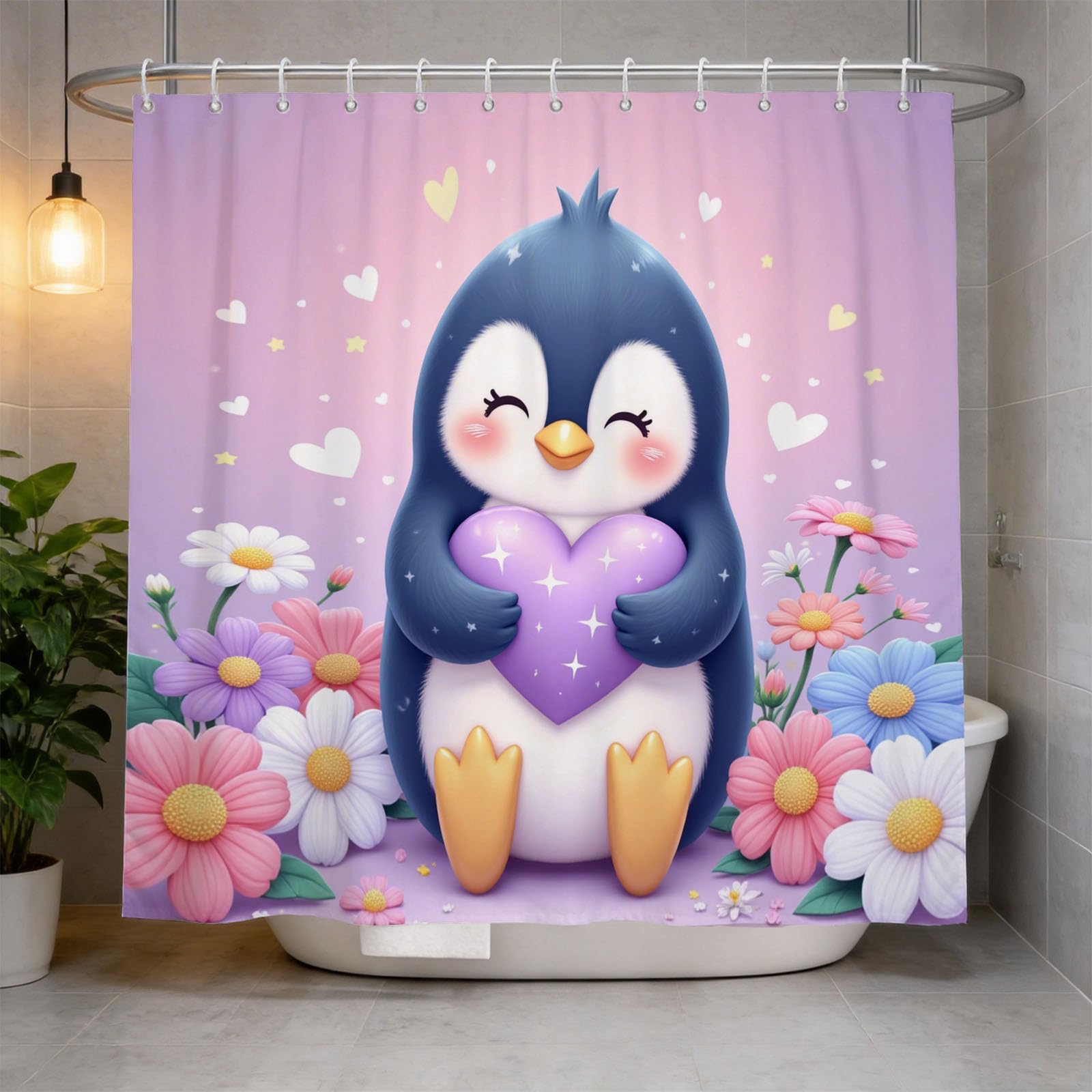 Hongduo 3D Penguins Shower Curtain for Stalls Bathtubs Cartoon Bathroom Decor Shower Curtain Set Polyester Fabric Waterproof 180x180cm/71X71 Inch with Hooks