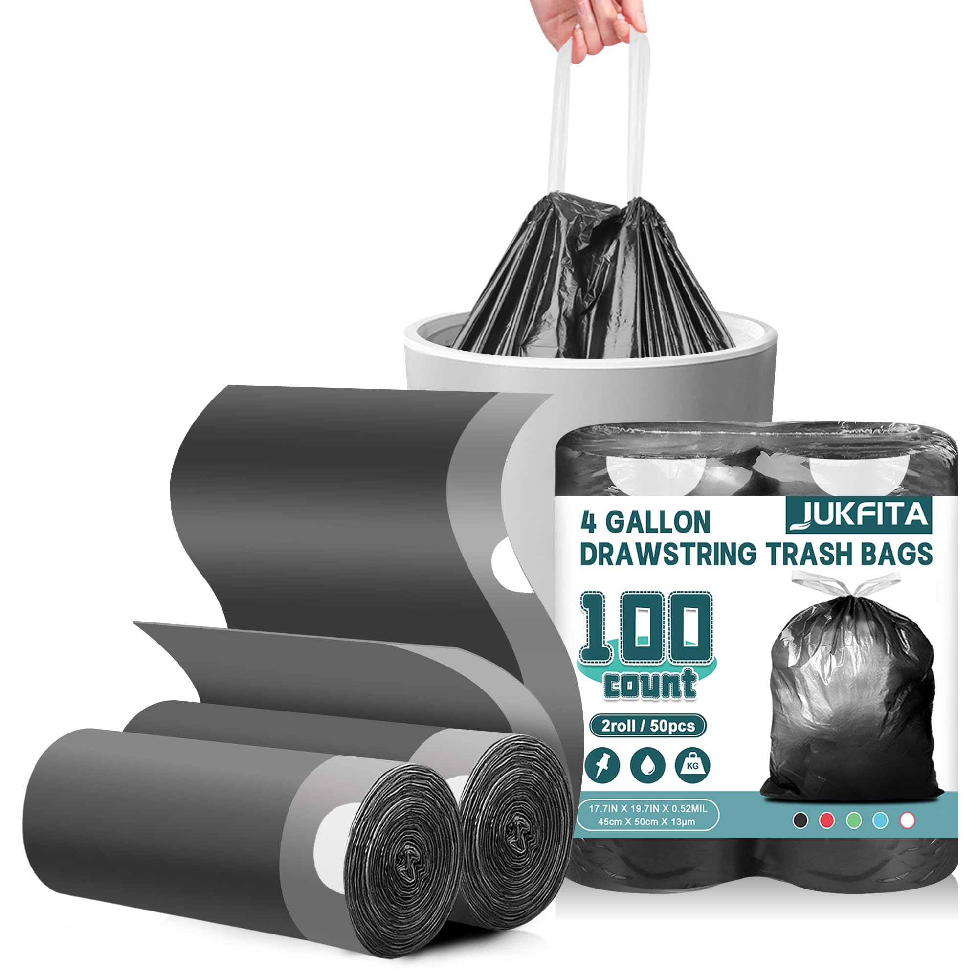 Biodegradowalne worki na śmieci ze sznurkiem worek na śmieci 100 litrów, recykling, grube, wytrzymałe wkładki do kosza na śmieci do kuchni, sypialni, łazienki, biura, 100 szt. czarne)