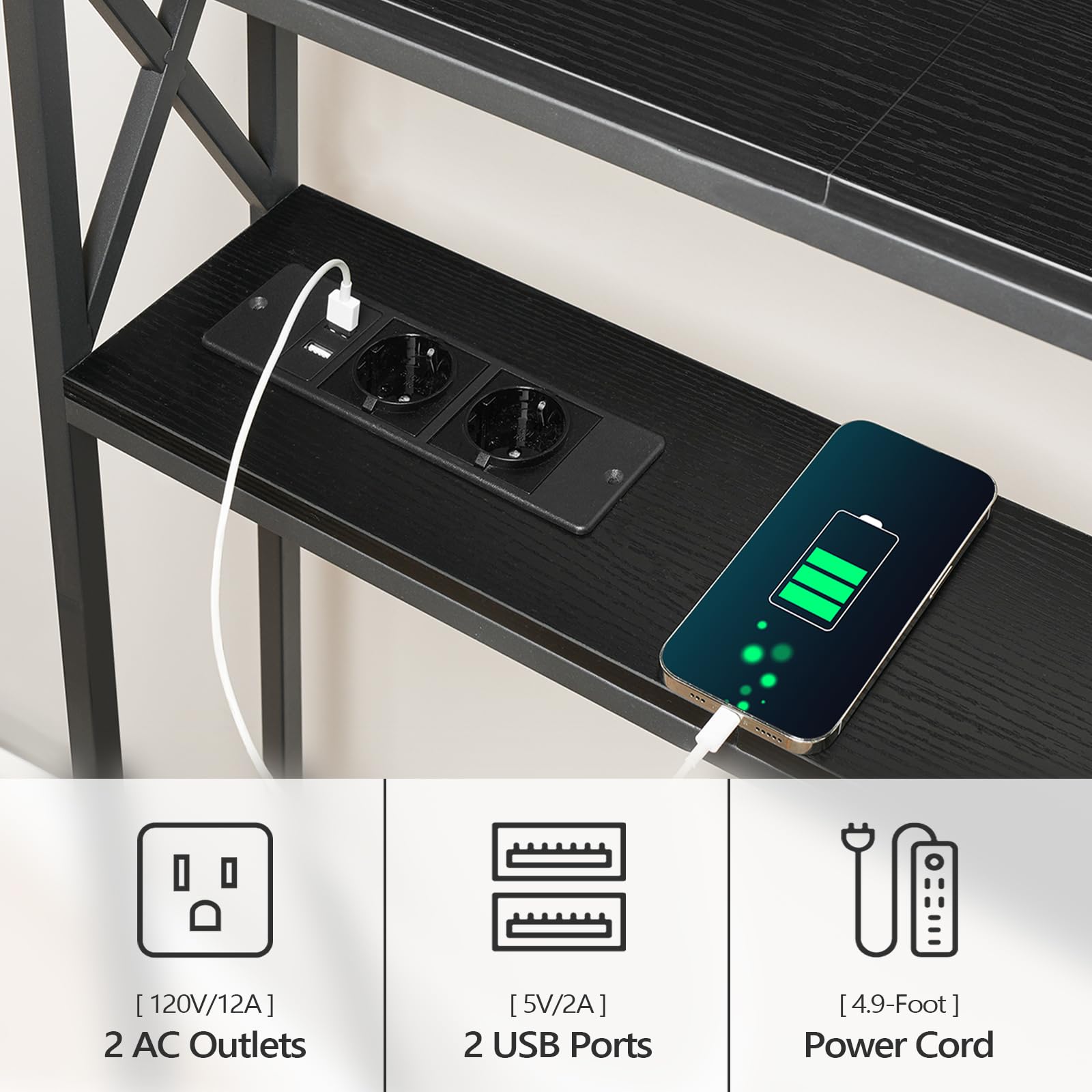 MAHANCRIS 100 cm 2-stöckiger Konsolentisch, Beistelltisch, mit 2 Steckdosen und 2 USB, Schmaler Eingangstisch, Flurtisch, Sofatisch für Flur, Wohnzimmer, Schlafzimmer, Foyer, Schwarz ACTHB115UE01