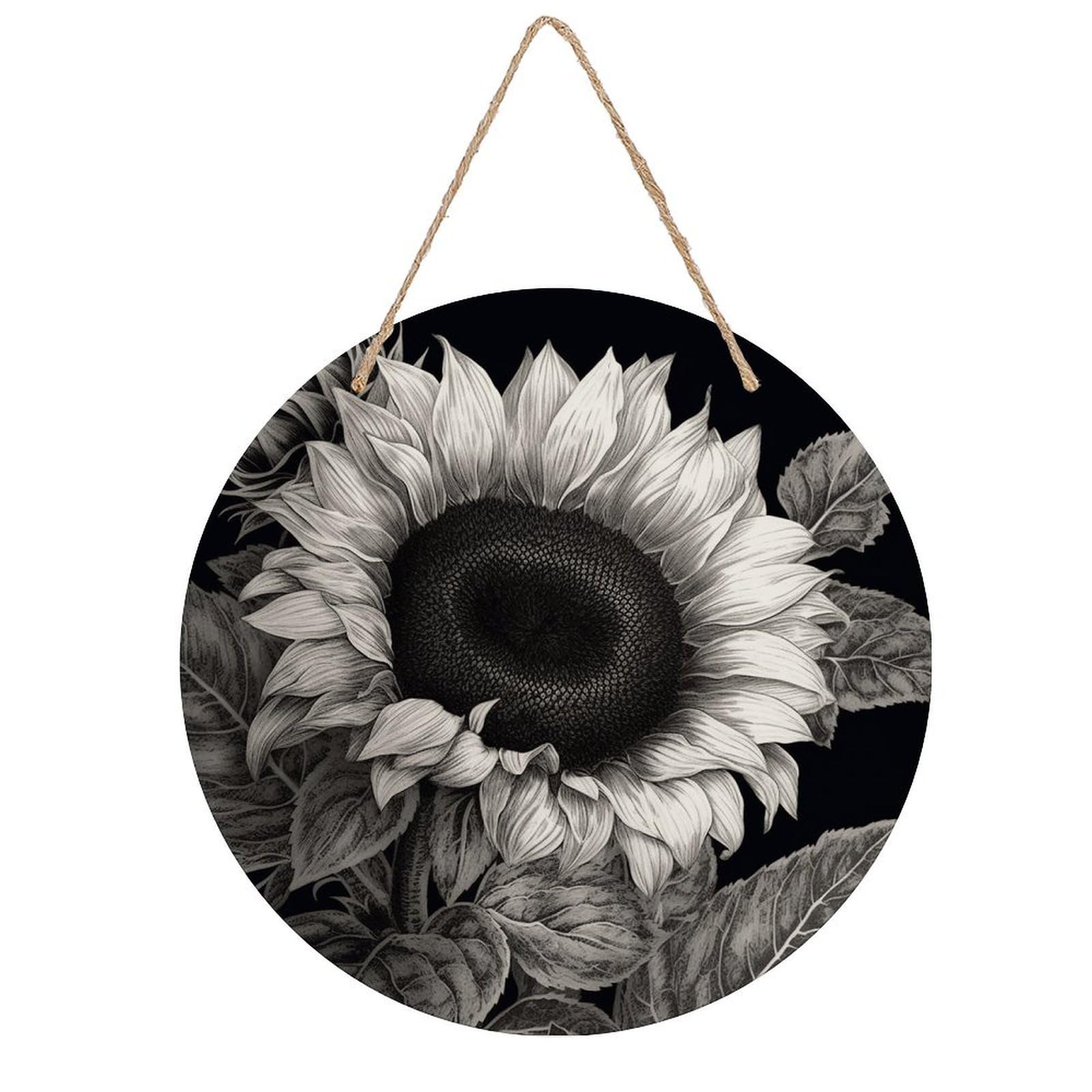 VstaDank Sunflower Black Grey Wall Decor Round Wood Hanging Sign 7.9x7.9 in Wooden Circle Door Hanger with Ropes, Rustic Wall Art Decor for Home Front Door Indoor Outdoor Decoration