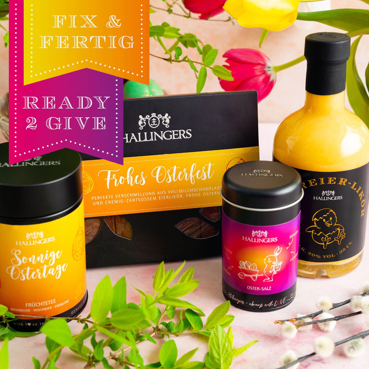 Hallingers Genuss Manufaktur Feinkost Oster-Geschenk-Set - XXL-Wundertüte "Gruß vom Osterh..." großes Osternest Oster-Schokolade, Eierlikör, Früchtetee & Salz, Ostern Körbchen für Frauen Mädchen