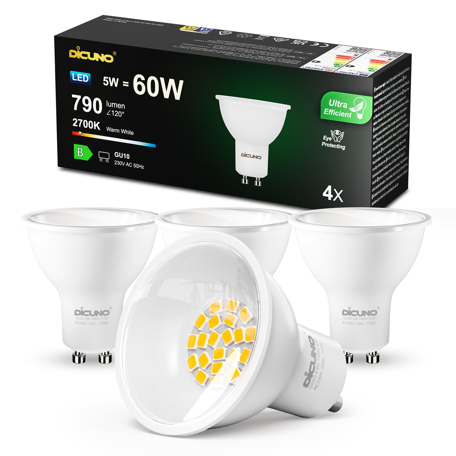DiCUNO Lampadina LED GU10 Classe B, 5W Equiv. 60W, 2700K, 790lm, 4 Pezzi | Bianco caldo, Non dimmerabile, Fascio largo 110°, Faretto LED GU10 per faretti da incasso, plafoniere e vetrine