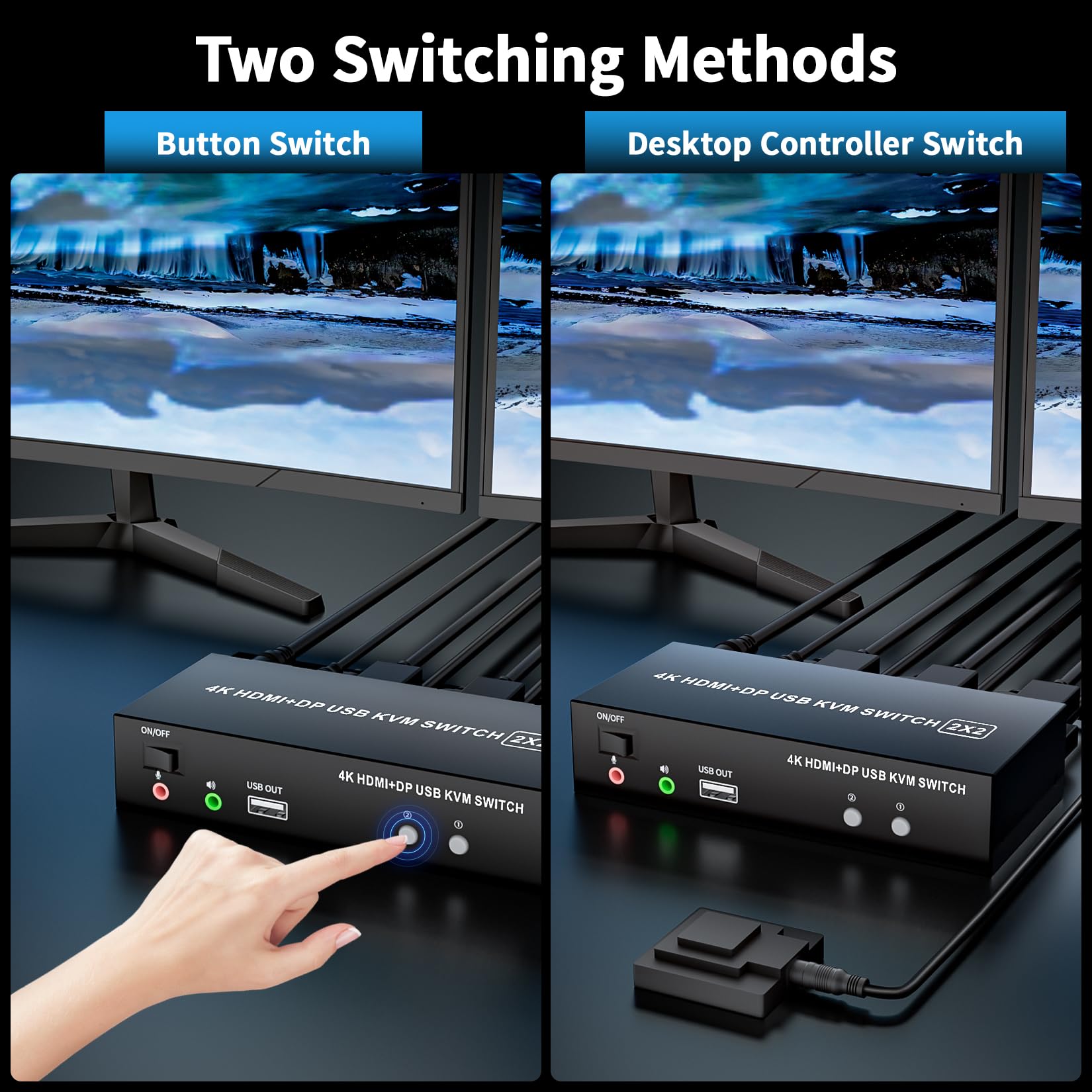 HDMI Displayport KVM Switch 2 Computer 2 Monitor 4K@60Hz 2 Porte HDMI+DP KVM Switch Dual Monitor con 4 Hub USB 2.0, Dual Monitor Displayport KVM 2PC Condividi 1 Set di tastiera, mouse e 2 monitor