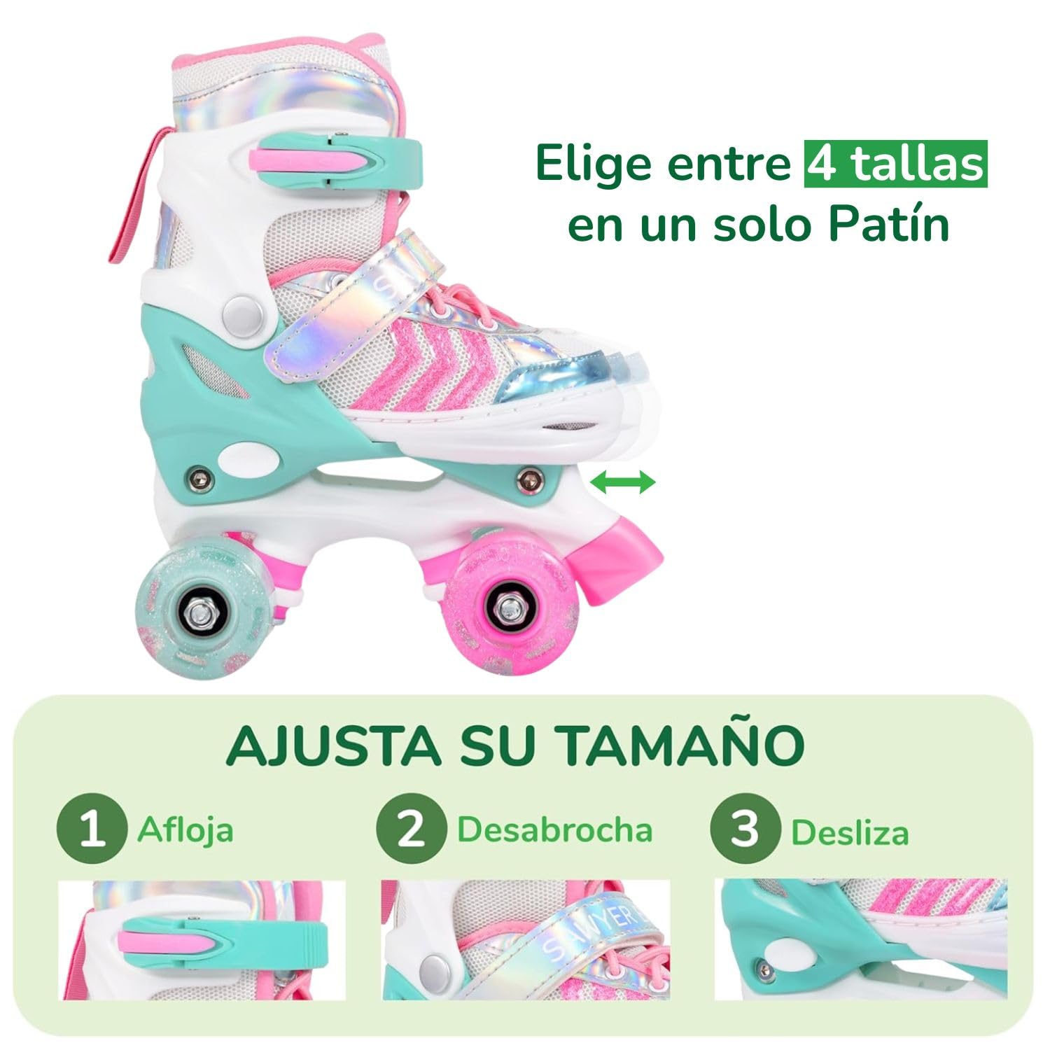Sawyer Bikes - Patines Ajustables 4 Ruedas LED - Tallas 23 a 38