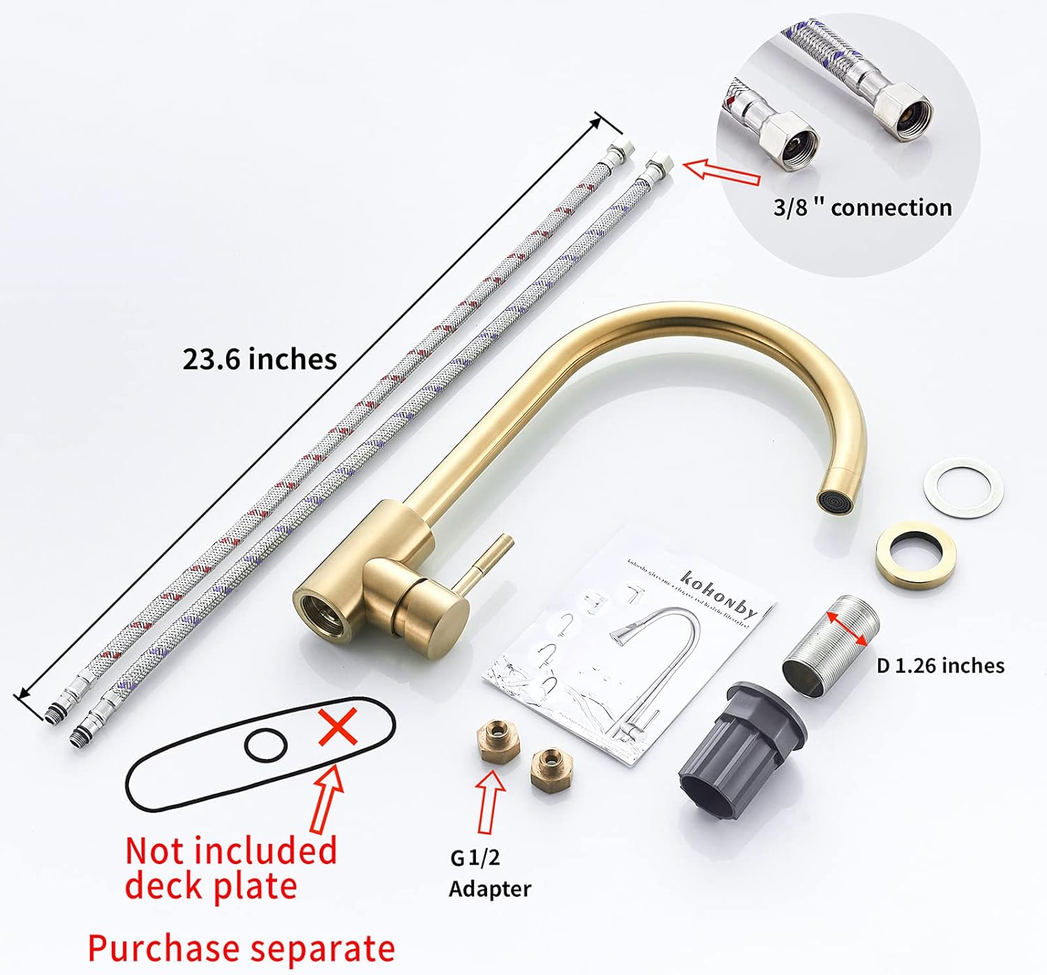 Kohonby Single Handle High Arc Brushed Gold Kitchen Faucet Stainless Steel Commercial Single Hole Kitchen Sink Faucet, Modern One Hole Bar Sink Faucet(Brushed Gold) - - 