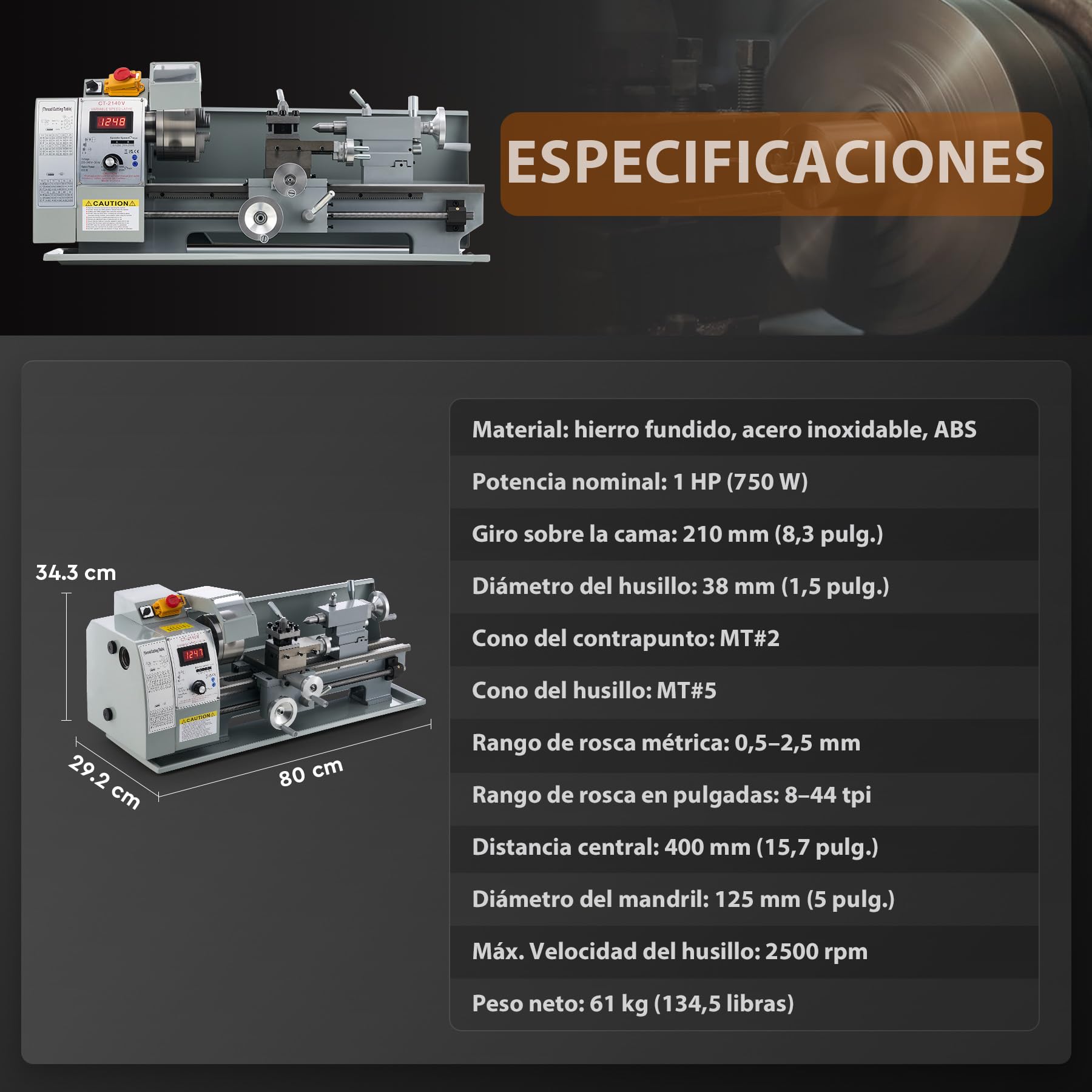 CREWORKS Mini Torno de Metal 210x400mm 750W con Pantalla Digital Torno para Metal de Sobremesa con Velocidad 2500RPM Torno de Metal para Torneado de Metales (210X400MM)