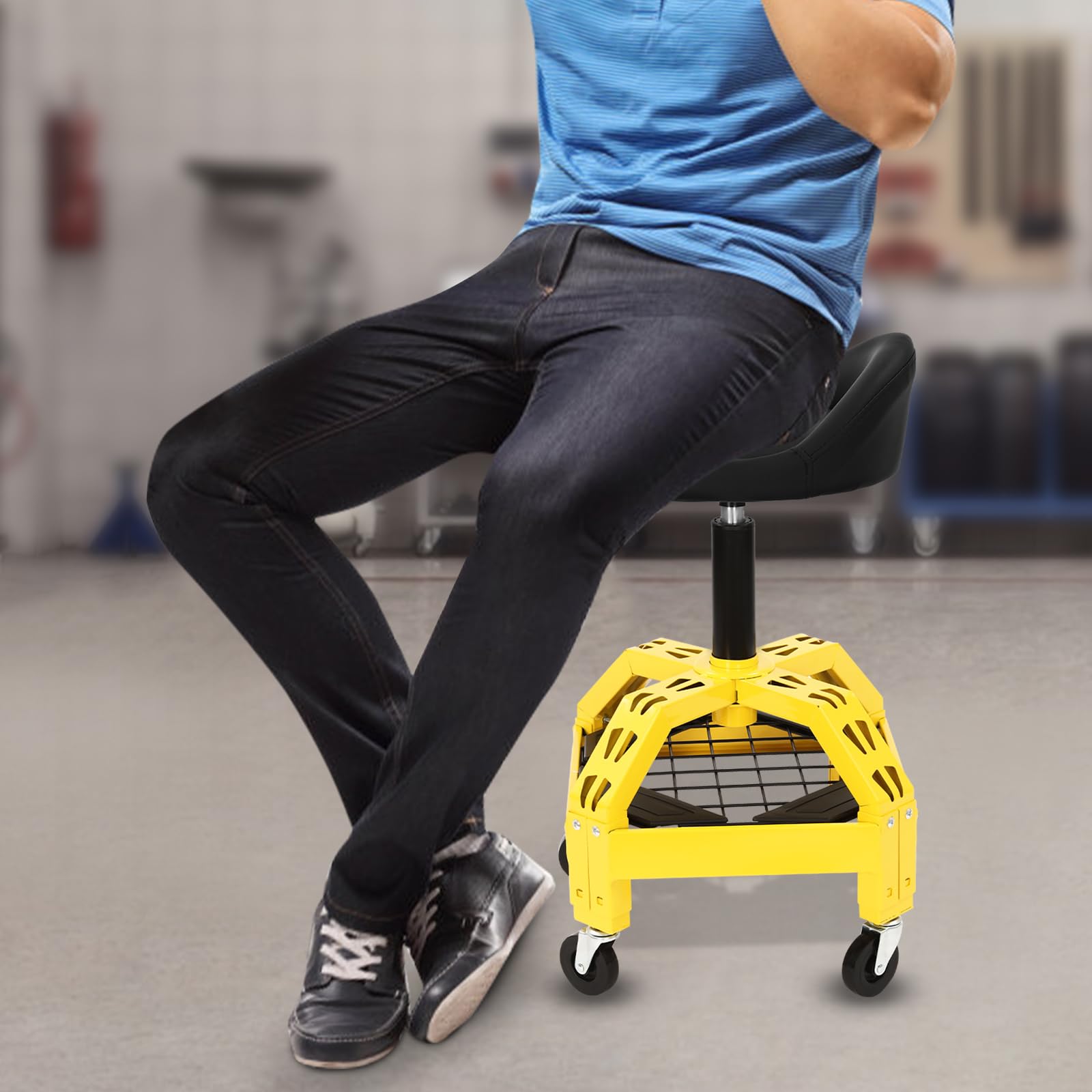 Sgabello da officina regolabile in altezza, girevole con 4 ruote universali, portata fino a 130 kg, ideale per riparazioni e officine