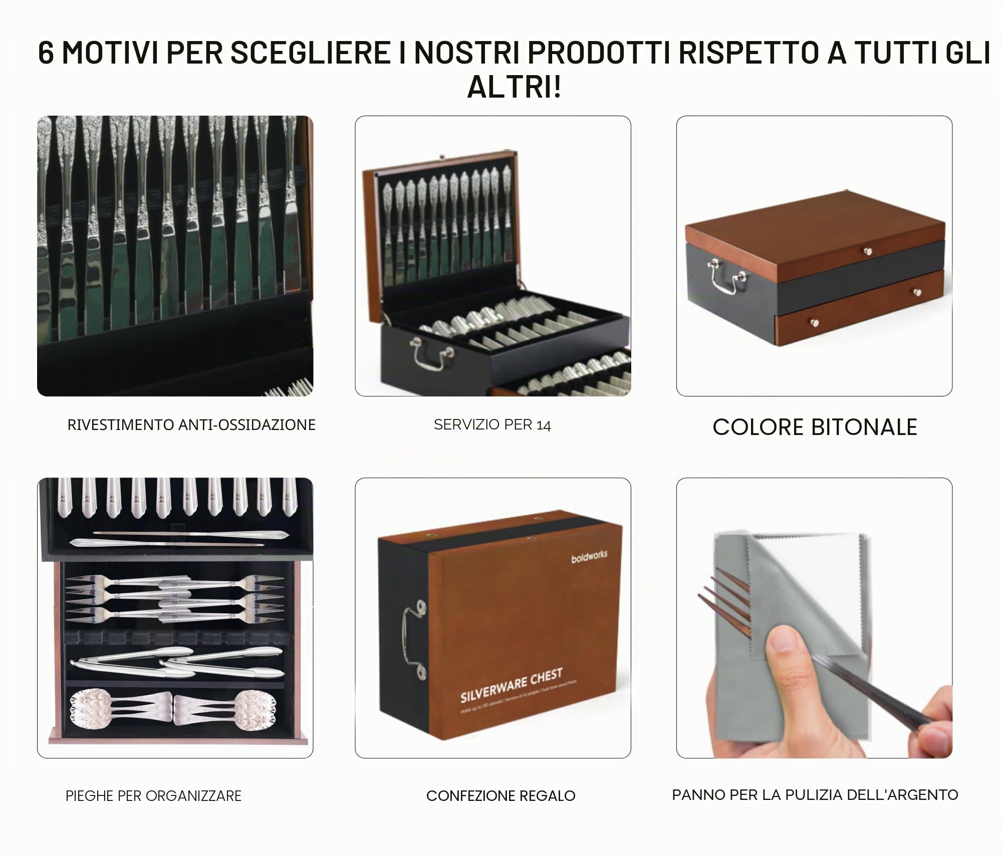 Scatola portaoggetti per posate in argento, con coperchio, anti-ossidazione, divisorio foderato in feltro e cassetto, per 14 persone, include panno per la pulizia