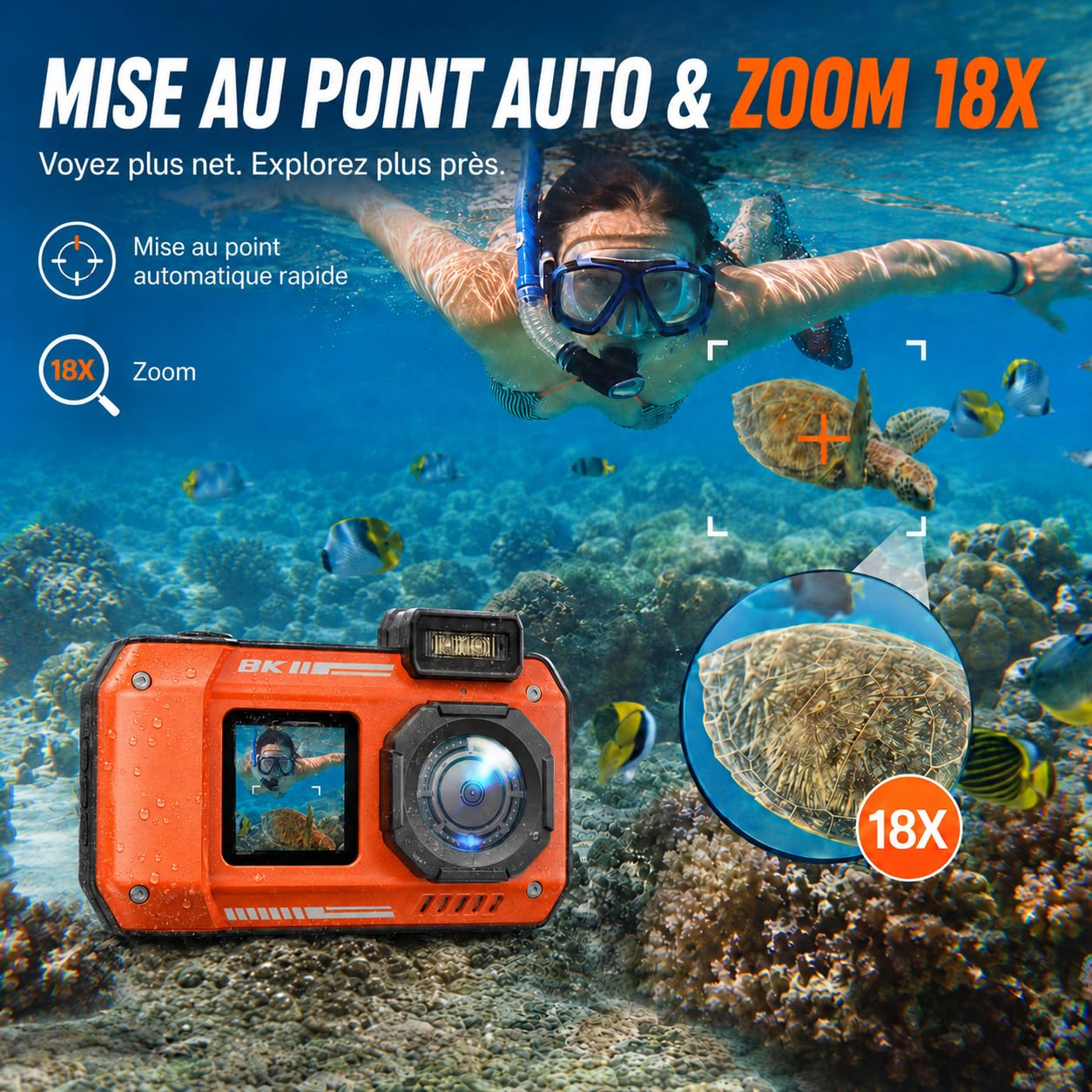 MaxMango D50 33FT Appareil Photo Numérique Etanche，8K 70MP Caméra sous-Marine avec 16 Go de Stockage, Double écran 18x, Résistante à la Poussière et Aux Chocs, Autofocus - Orange