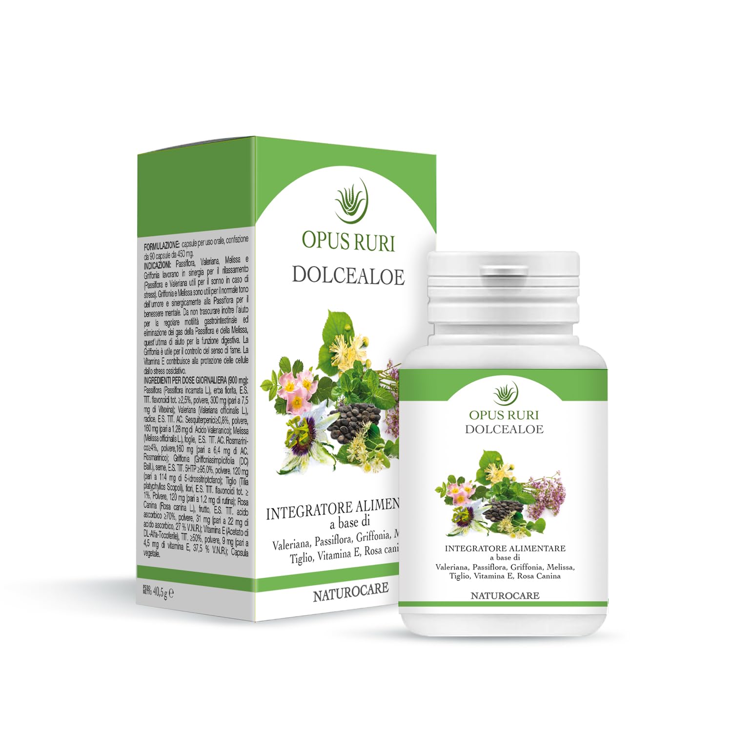 OPUS RURI DolceAloe – Integratore Alimentare con Passiflora, Valeriana, Melissa, Griffonia e Vitamina E - 90 Capsule Vegetali - Integratore Sonno e Benessere Mentale - Made in Italy
