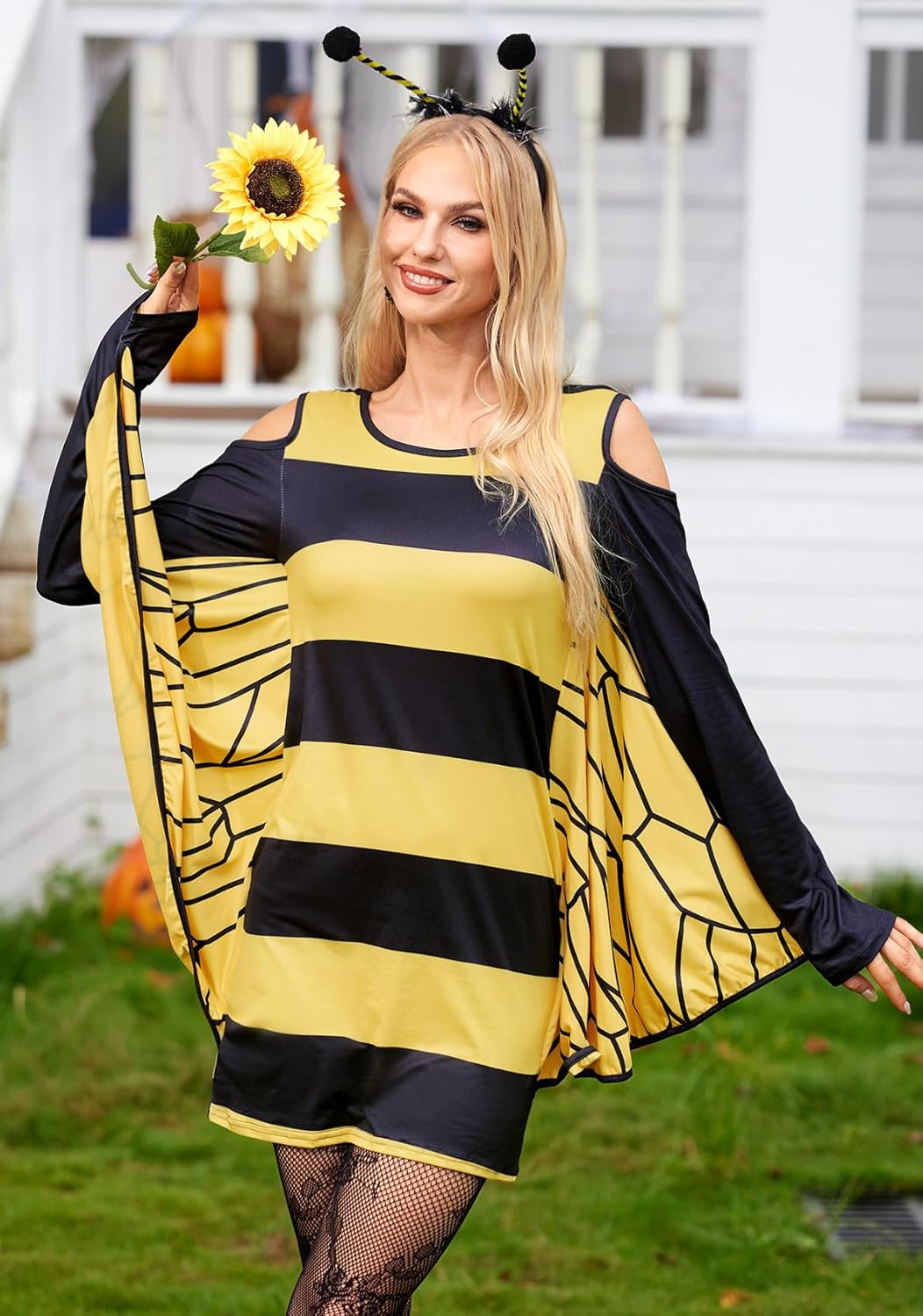 Maisolly Women's Bee Theme Halloween Outfit Set Striped Long Sleeve Dress with Headband for Group Costume Party XL - Image 3