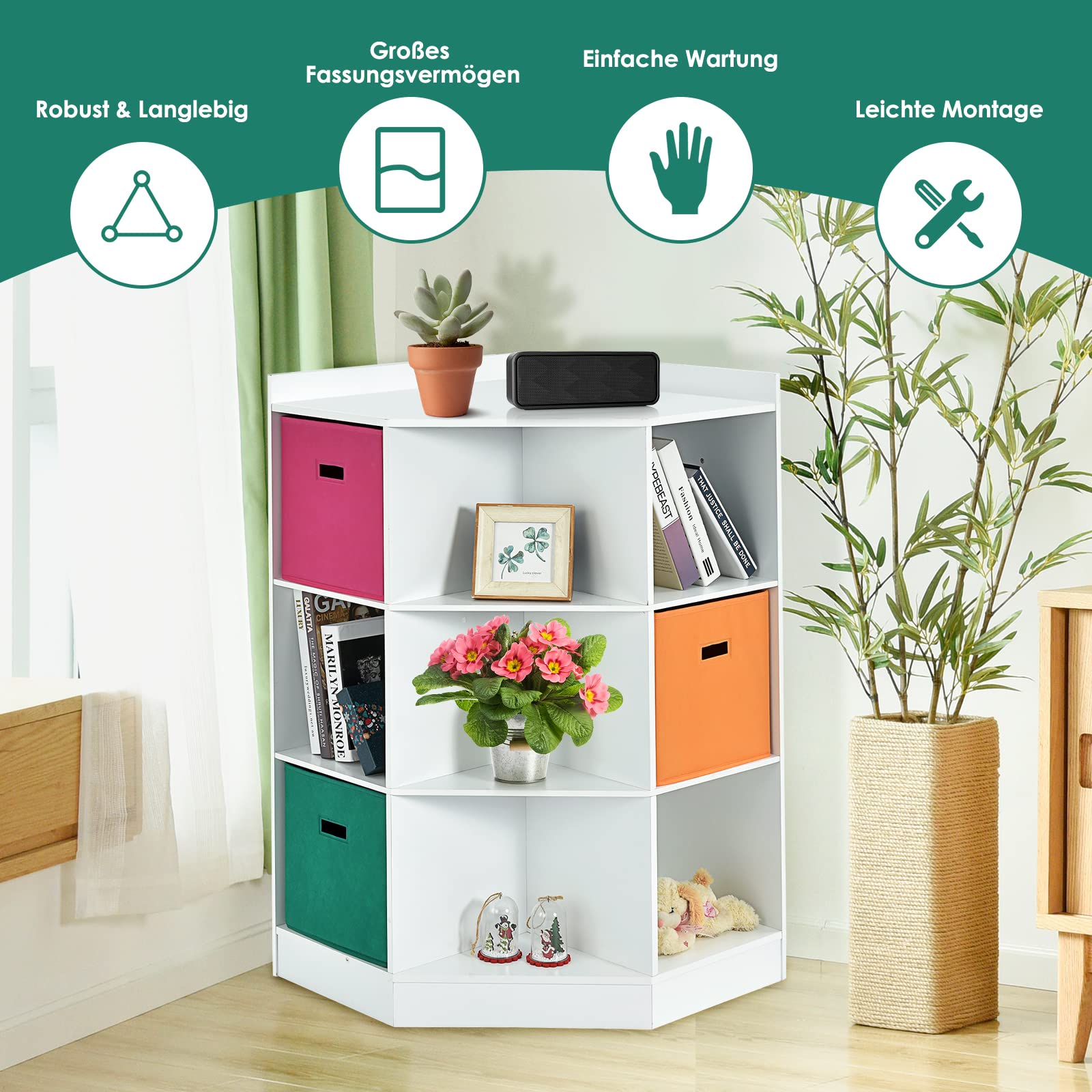DREAMADE Kinderregal mit 9 Ablage und 3 Stoffbox, Aufbewahrungsregal Bücherregal für Kinder, Spielzeug-Organizer, Spielzeugregal für Kinderzimmer Spielzimmer und Kindergarten (Weiß, 9 Ablage)